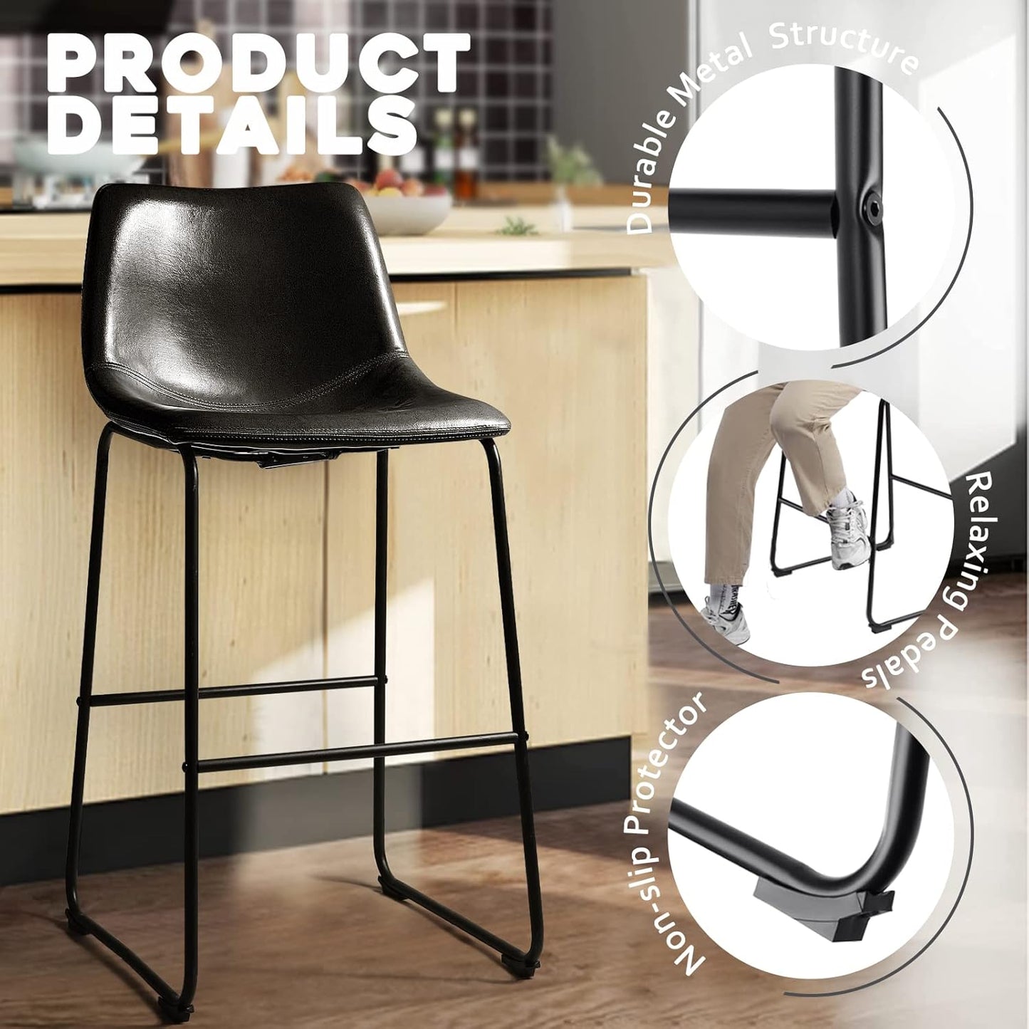 30 inch Bar Stools Set of 2,Counter Height Bar Stools with Back, Modern PU Leather Stools with Metal Leg and Footrest (Black, 2 Pcs 30" Counter Height Barstools)