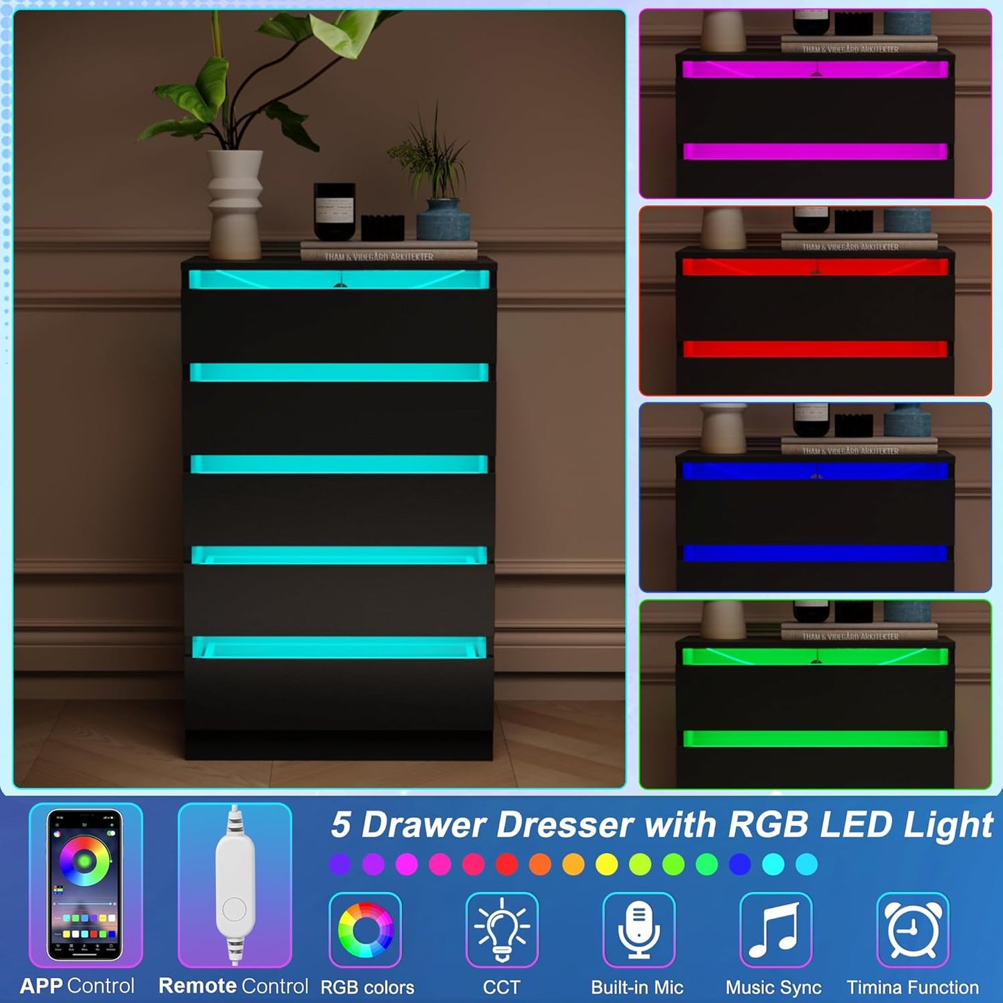 5 Drawer Tall Dresser with Power Outlets & LED Lights, Black Dresser with Embedded Handle, Modern Wood Dresser for Bedroom, Living Room, Hallway