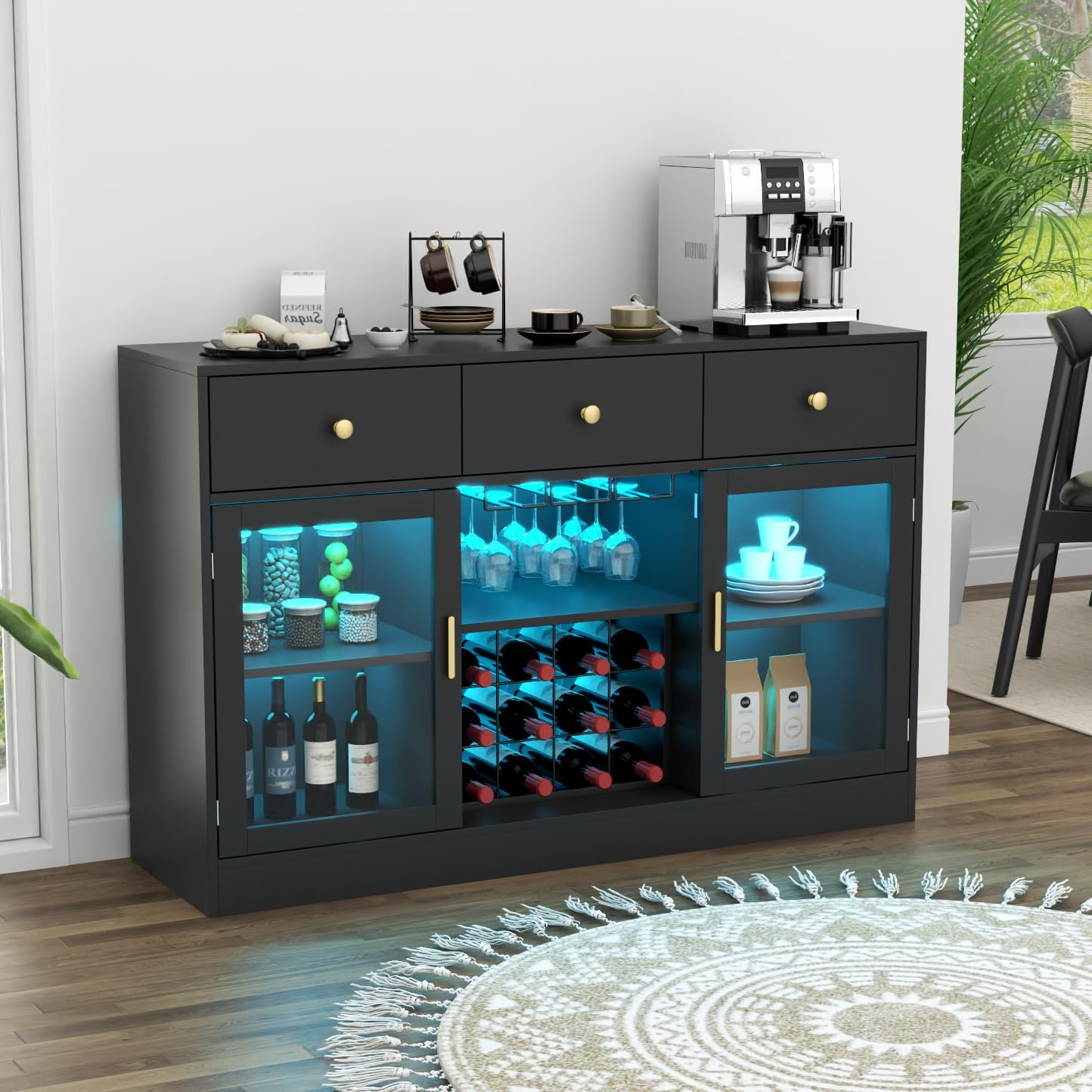 Wine Bar Cabinet with LED Light, Home Coffee Cabinet with Wine and Glass Rack, Kitchen Buffet Sideboard with Storage Cabinet&Drawers, Modern Liquor Cabinet for Living Room Dining Room (Black.)