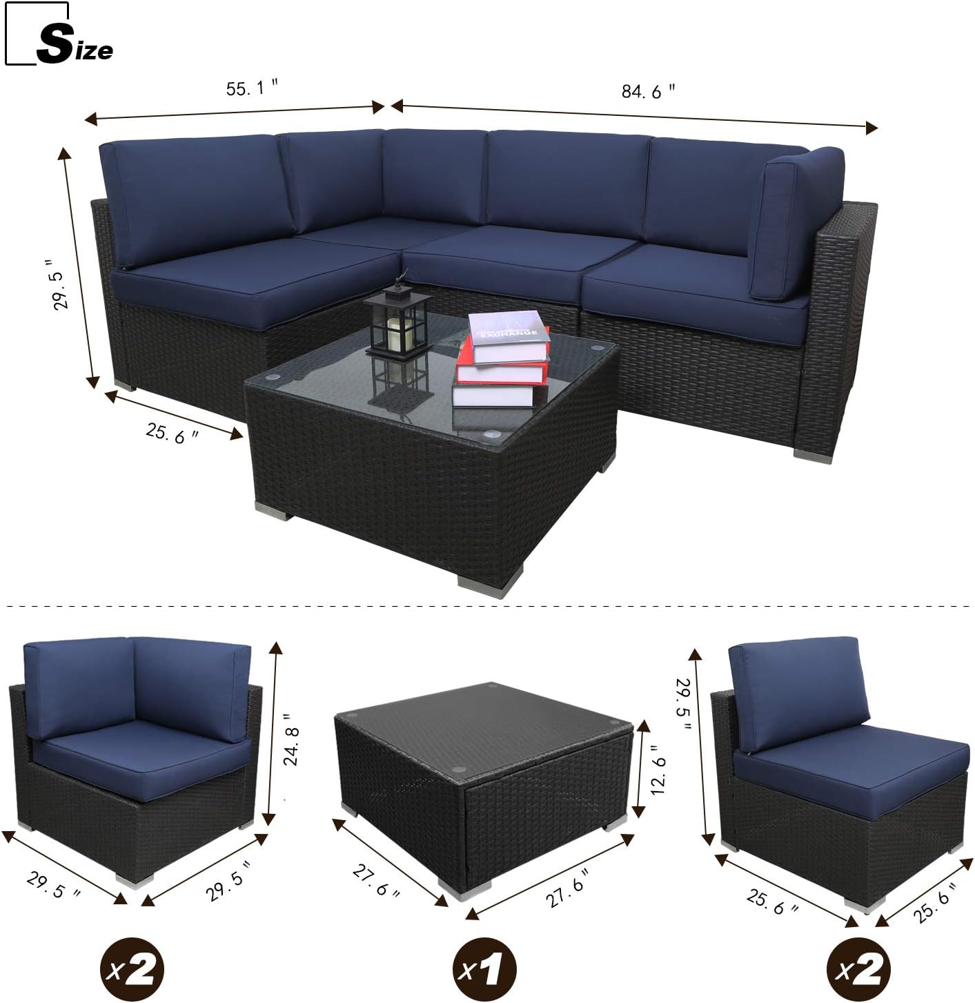 5pcs Outdoor Patio Furniture Set,Wicker Sofa Chairs PE Rattan Thick Cushions Couch with Tea Table and Washable Cushion(Dark Blue)