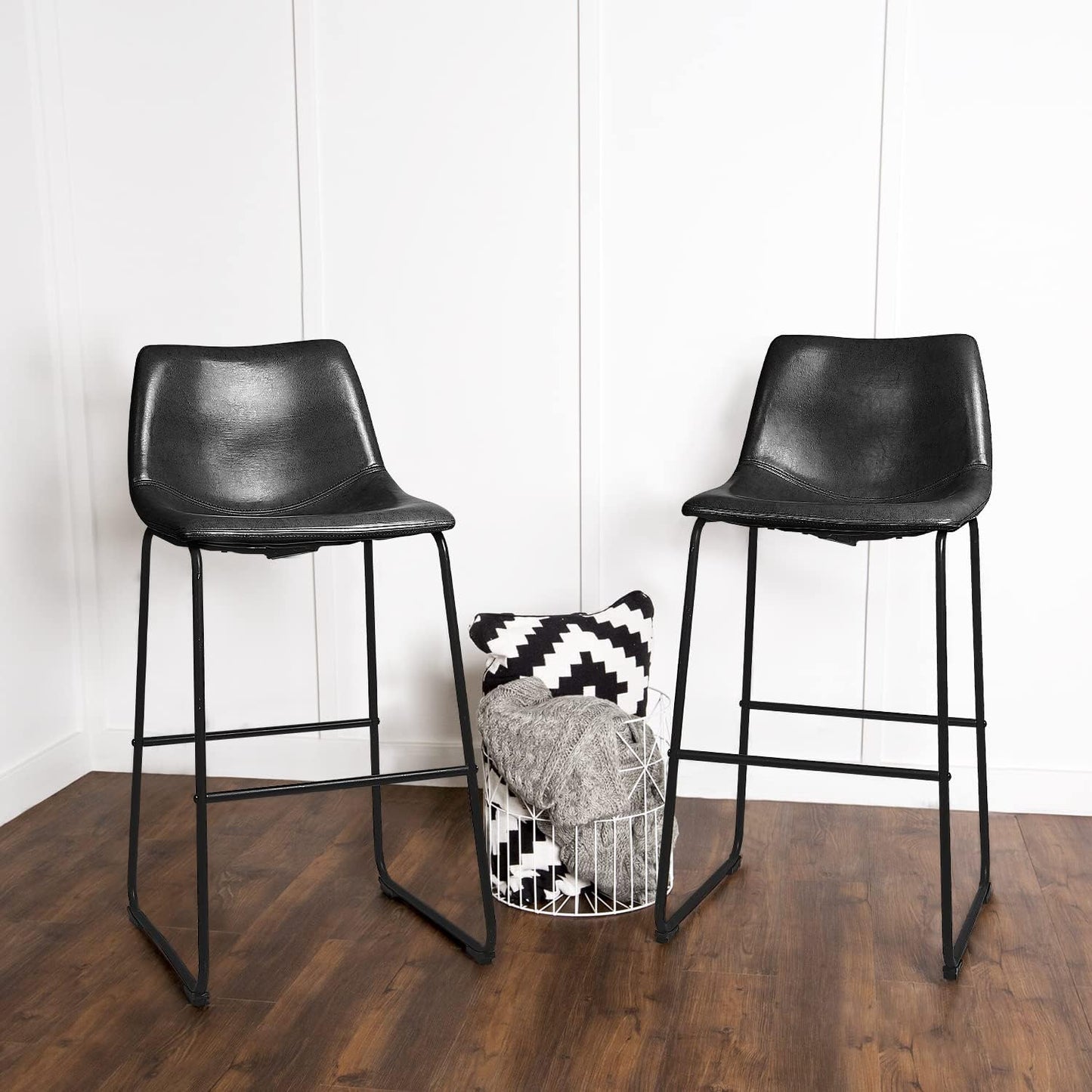 30 inch Bar Stools Set of 2,Counter Height Bar Stools with Back, Modern PU Leather Stools with Metal Leg and Footrest (Black, 2 Pcs 30" Counter Height Barstools)