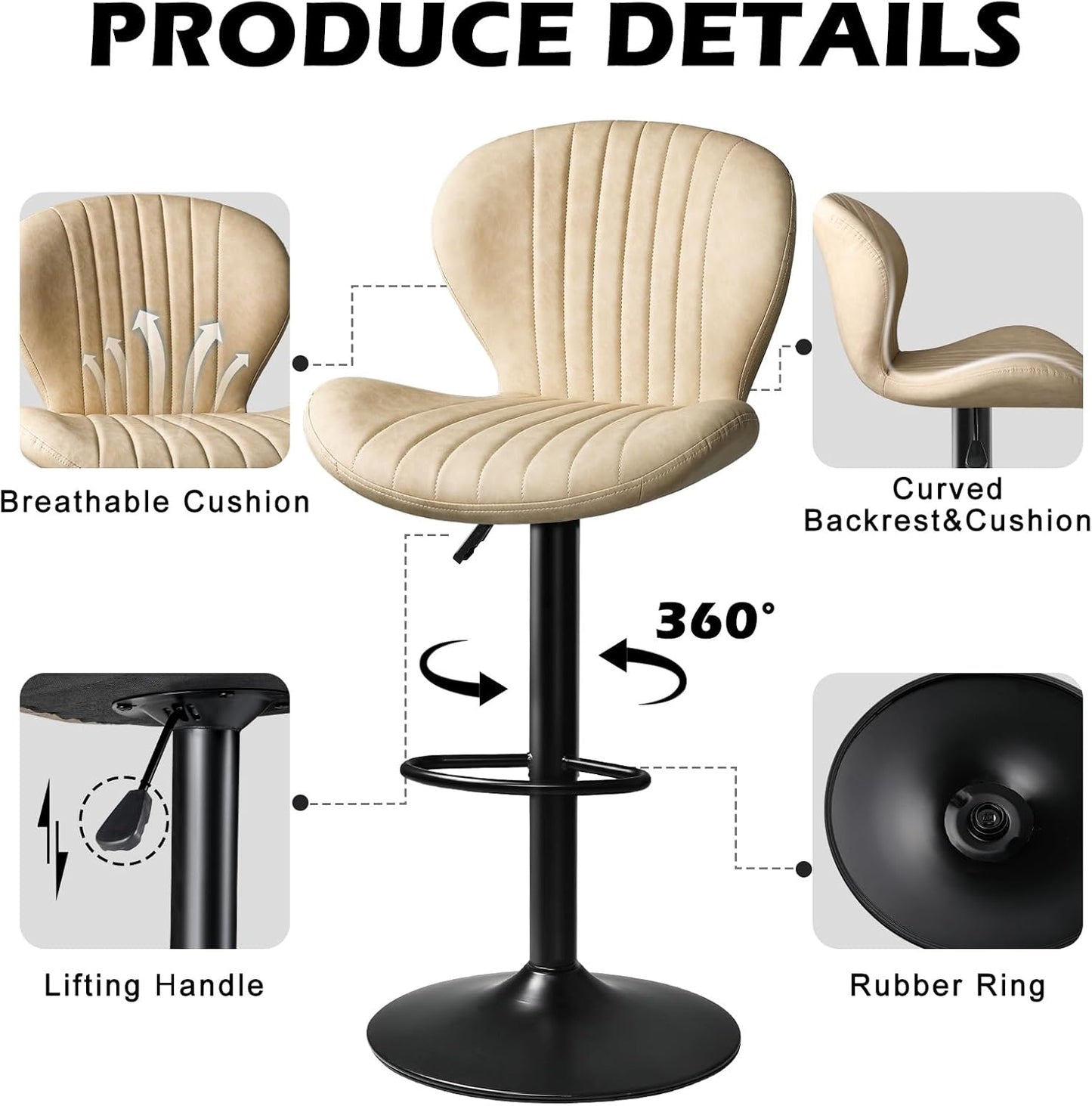 Bar Stools Set of 2,Adjustable Swivel Counter Height Bar Stools with Back & Footrest,Modern Design Bar Chairs,Faux Leather Upholstered Barstools for Bar,Kitchen,Dining Room (Beige, Set of 2)