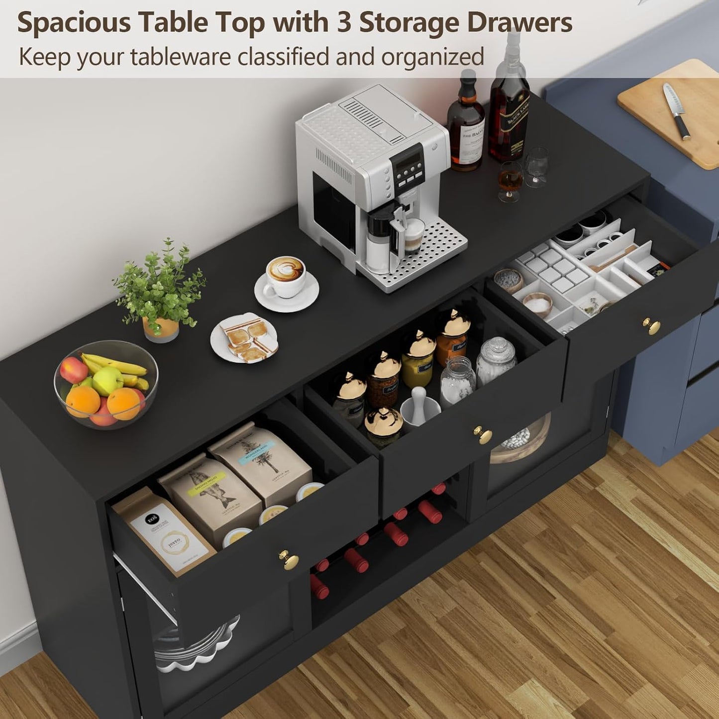 Wine Bar Cabinet with LED Light, Home Coffee Cabinet with Wine and Glass Rack, Kitchen Buffet Sideboard with Storage Cabinet&Drawers, Modern Liquor Cabinet for Living Room Dining Room (Black.)