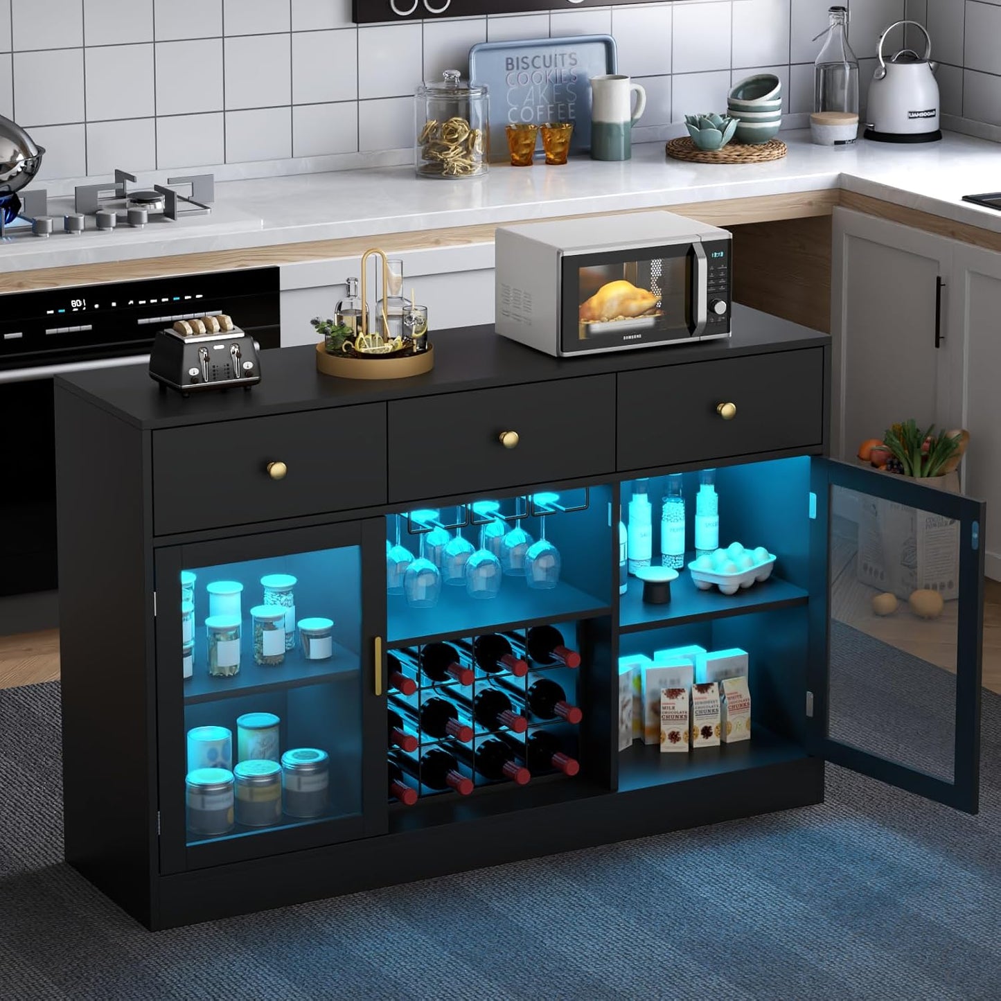 Wine Bar Cabinet with LED Light, Home Coffee Cabinet with Wine and Glass Rack, Kitchen Buffet Sideboard with Storage Cabinet&Drawers, Modern Liquor Cabinet for Living Room Dining Room (Black.)