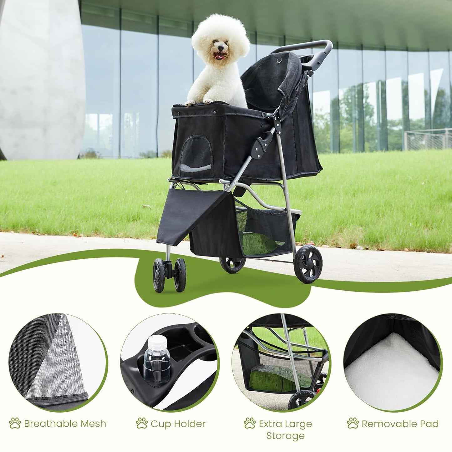 Small Pet Stroller | Lightweight & Foldable Design | Comfortable, Easy-Ride Pet Carrier for Dogs & Cats | Black