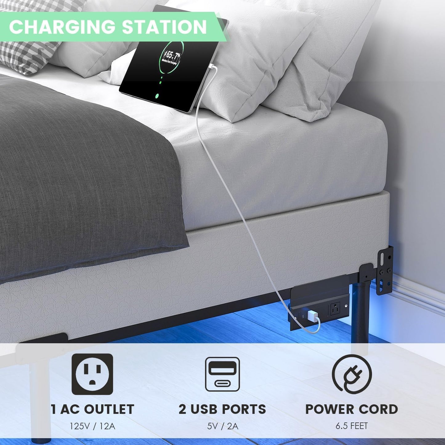 Queen Bed Frame for Box Spring, 7 Inch Metal Bed Frame with LED Lights, 9-Legs Support Bed Base, Tool-Free Easy Assembly