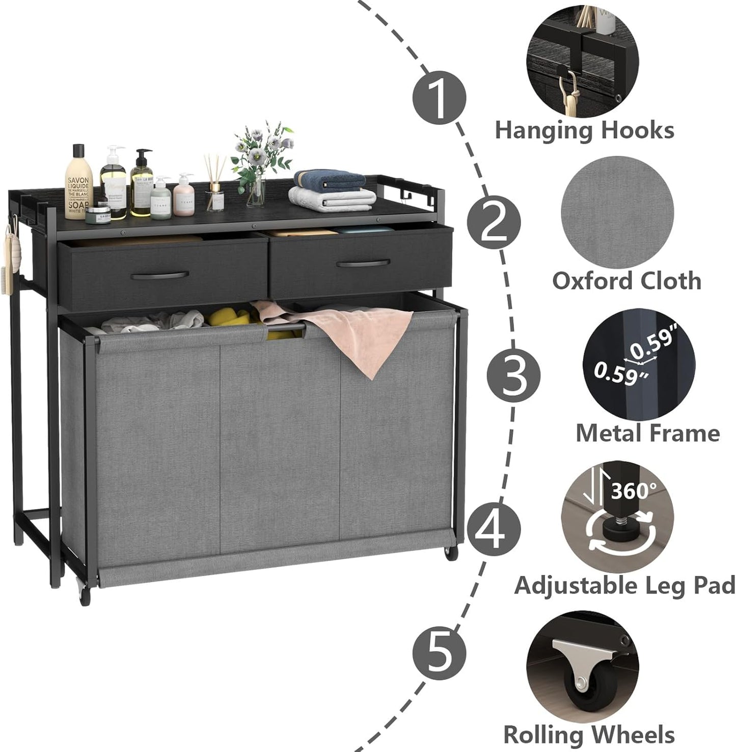 Laundry Hamper Laundry Basket with 3 Section Pull-Out Rolling Bags, Laundry Sorter for Organization and Storage with 2 Pull-Out Drawers for Laundry Room, Bathroom, Bedroom Use (Black)