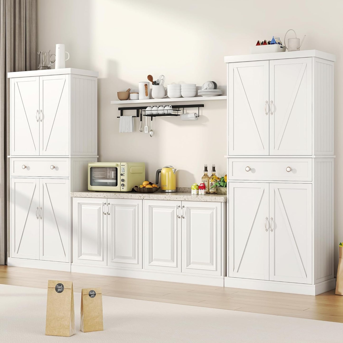 72“ Kitchen Pantry Cabinet White, Tall Pantry Storage Cabinet with Adjustable Shelves and Drawer, Kitchen Buffet Cupboards Sideboard for Home Office Use (16" D x 30" W x 72" H)