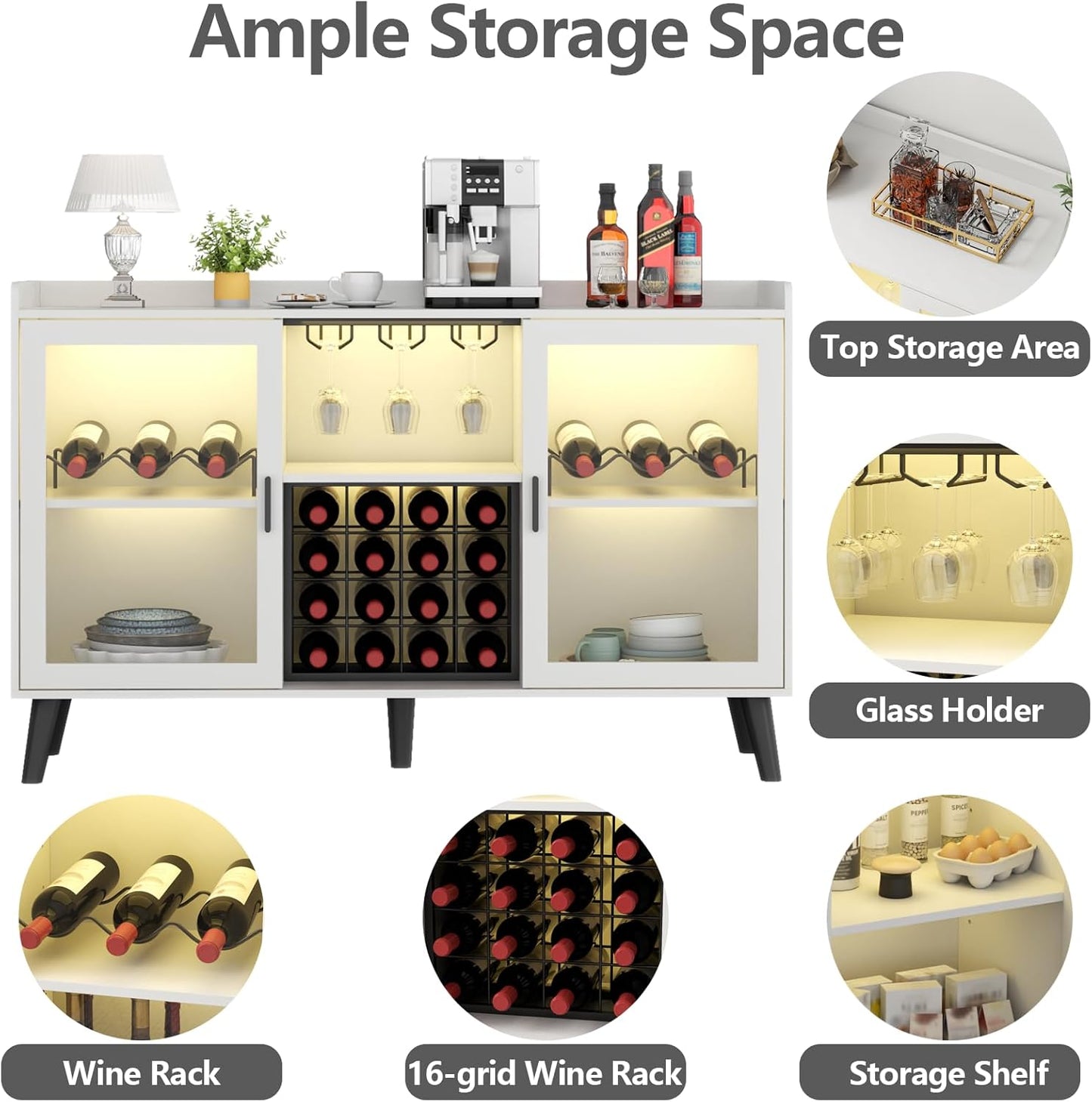 Wine Bar Cabinet with LED Light, Home Coffee Cabinet with Wine Rack and Glass Holder, Kitchen Buffet Sideboard W Storage Shelf, Freestanding Liquor Cabinet for Living Room, Dining Room (White)