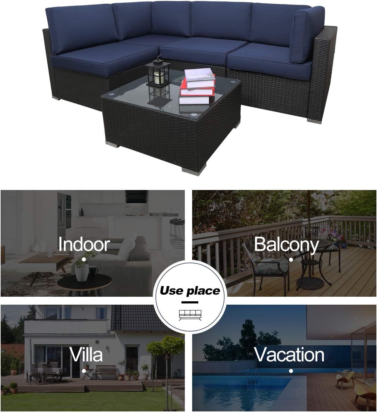 5pcs Outdoor Patio Furniture Set,Wicker Sofa Chairs PE Rattan Thick Cushions Couch with Tea Table and Washable Cushion(Dark Blue)