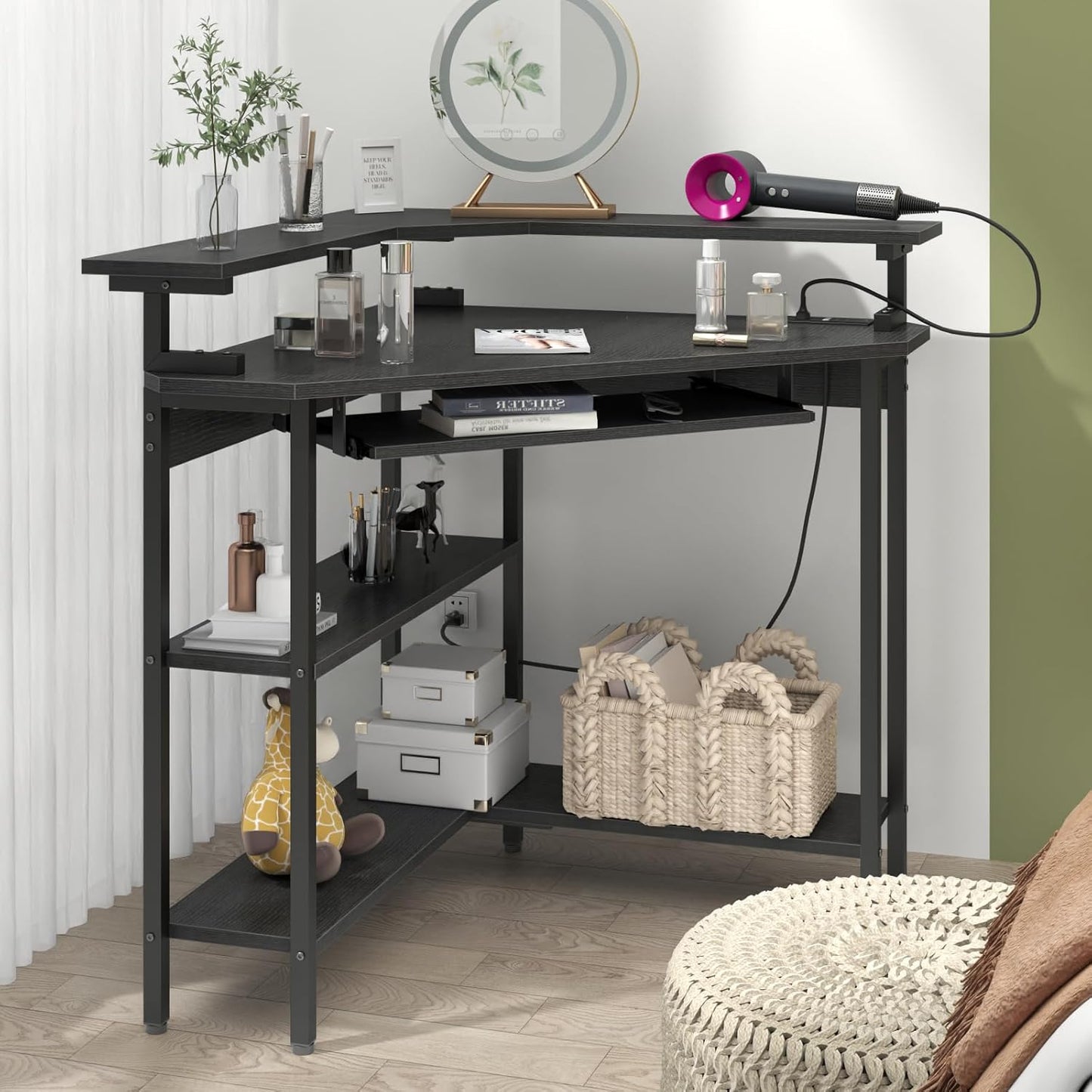 Corner Desk with Charging Station & LED Light, Triangle Corner Desk with Monitor Stand & Keyboard Tray for Small Space, Gaming Computer Desk with Storage Shelves for Home Office (Black)