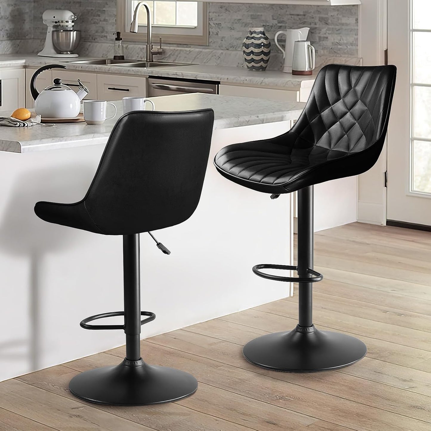 Adjustable Swivel Bar Stools Set of 2, Counter Height PU Leather Bar Stool with Back and footrest, Modern Upholstered Pub Bar Stools for Kitchen Island, 350 LBS Capacity