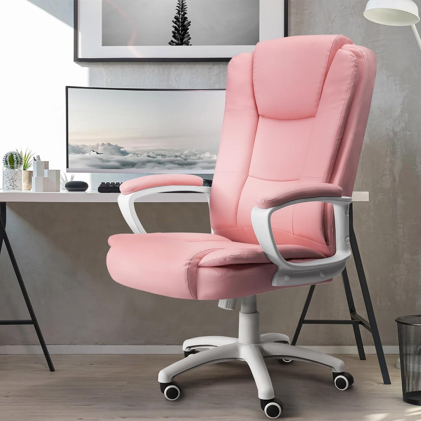 Home Office Chair, Ergonomic Desk Chair, Adjustable Task Chair for Lumbar Back Support, Computer Chair with Rolling Swivel and Armrest, Modern Executive High Back Leather Chairs (Pink)