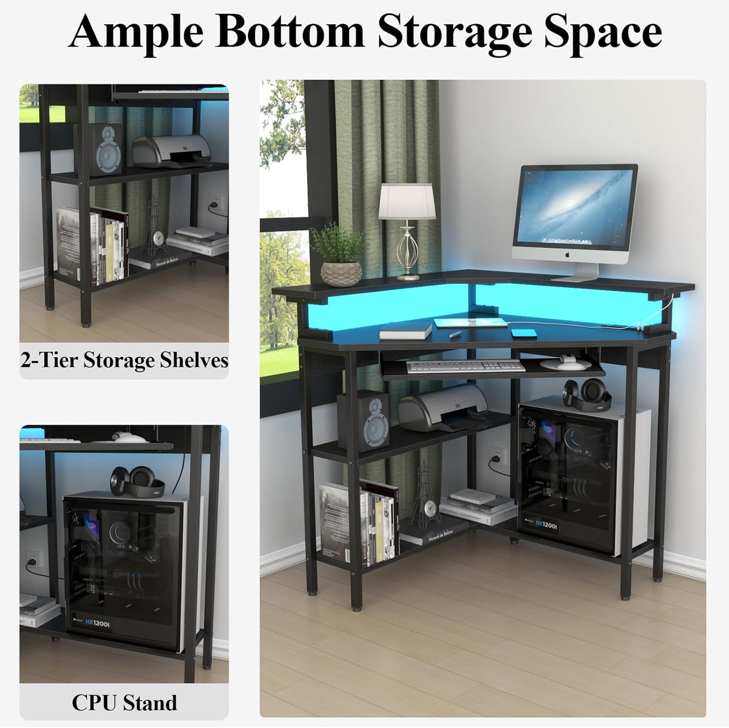 Corner Desk with Charging Station & LED Light, Triangle Corner Desk with Monitor Stand & Keyboard Tray for Small Space, Gaming Computer Desk with Storage Shelves for Home Office (Black)