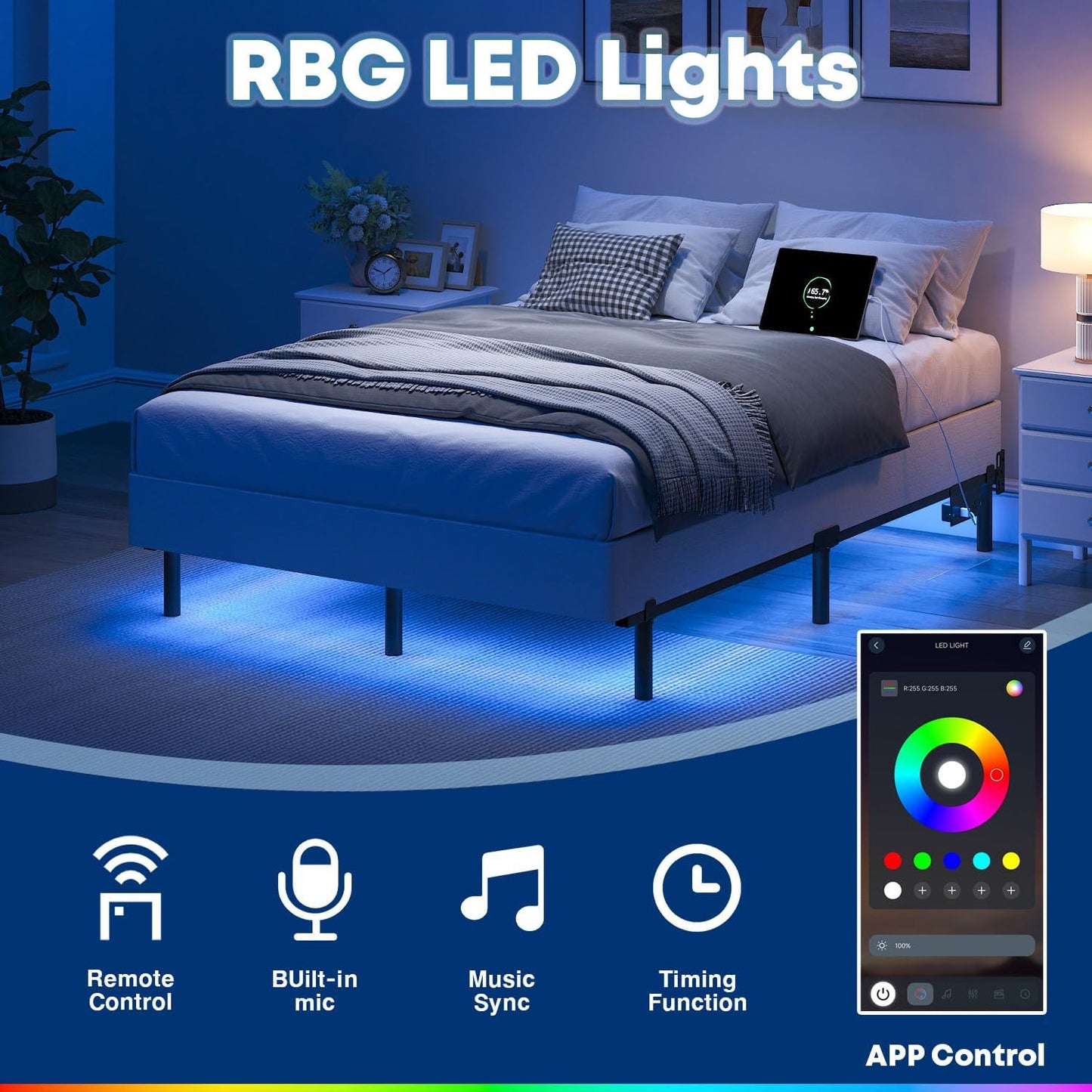 Queen Bed Frame for Box Spring, 7 Inch Metal Bed Frame with LED Lights, 9-Legs Support Bed Base, Tool-Free Easy Assembly