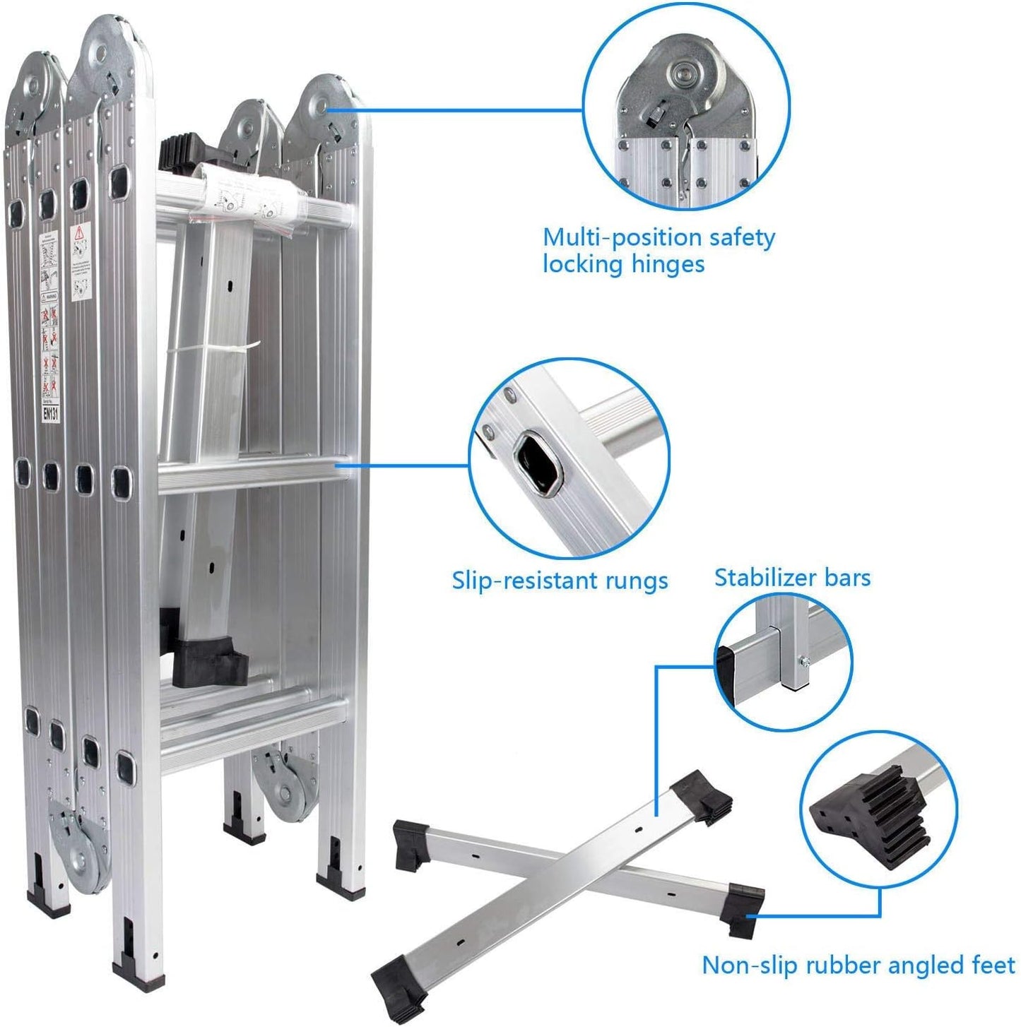 Luisladders 12.5 FT Folding Ladder Multi-Purpose Aluminium Extension 7 in 1 Step Heavy Duty Combination EN 131 Standard