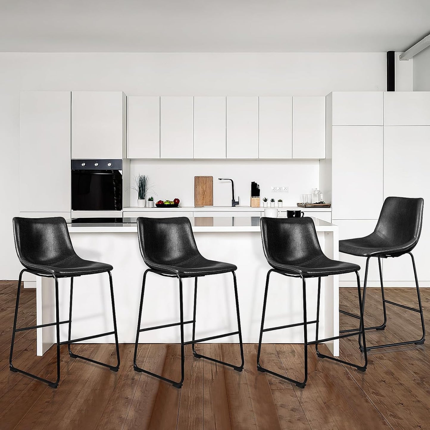 26 inch Bar Stools Set of 4, Modern Counter Height Bar Stools, Faux Leather Barstool with Back and Metal Leg, Armless Bar Chairs for Kitchen Island (Black, 4pcs 26")