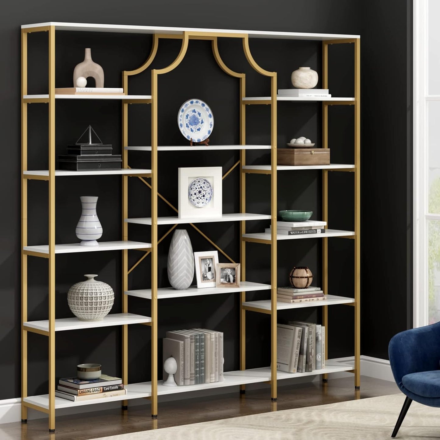 Triple Wide Bookshelf, 70.87" W/H Large Tall Etagere Bookcase, Modern 13-Open Shelves Geometric Bookshelf, Display Storage Metal Book Case, for Bedroom, Home Office & Living Room, Gold & White