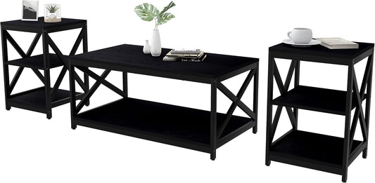 Living Room Coffee Table Set of 3, Industrial X-Design Coffee Table and 2 End Side Tables, 3 Piece Living Room Table Set with Large Storage for Apartment Home (Black)