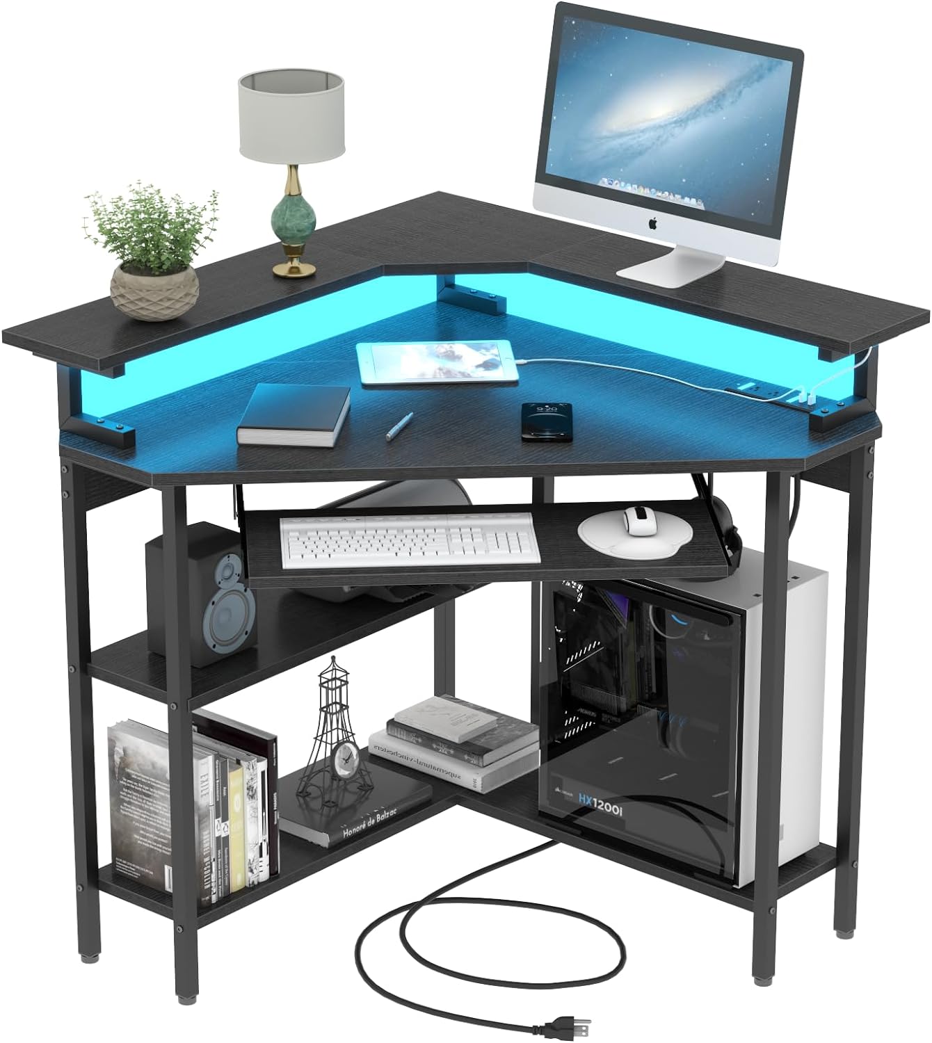 Corner Desk with Charging Station & LED Light, Triangle Corner Desk with Monitor Stand & Keyboard Tray for Small Space, Gaming Computer Desk with Storage Shelves for Home Office (Black)