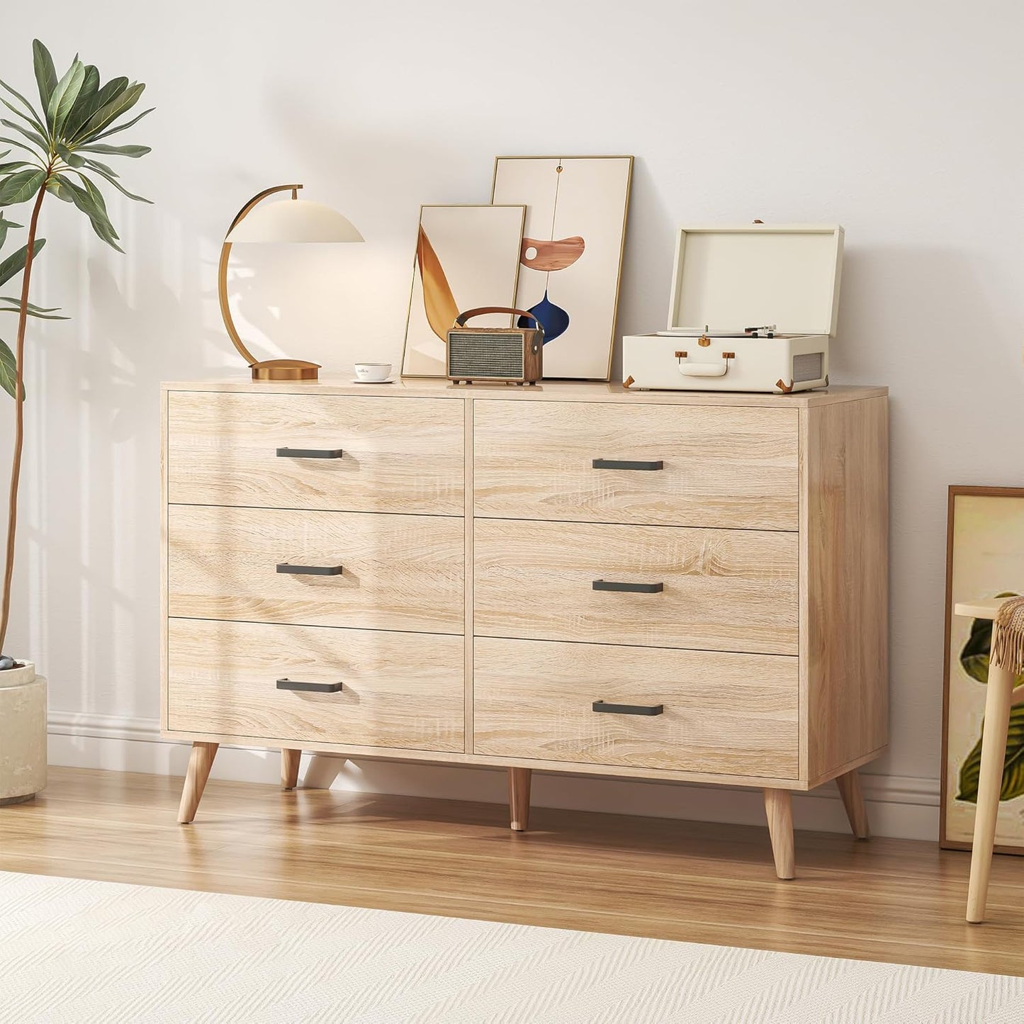 Wood Dresser for Bedroom, 6 Drawer Dresser with Metal Handles, Mid Century Modern Dresser Double Chest of Drawer (Light Oak)