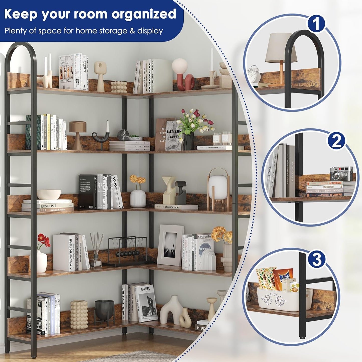 L Shaped Corner Bookcase and Bookshelves, 5-Tier Tall Open Shelf Etagere Bookcase, Wood and Metal Large Library Industrial Bookcases Display Rack for Living Room Home Office,Black+Brown