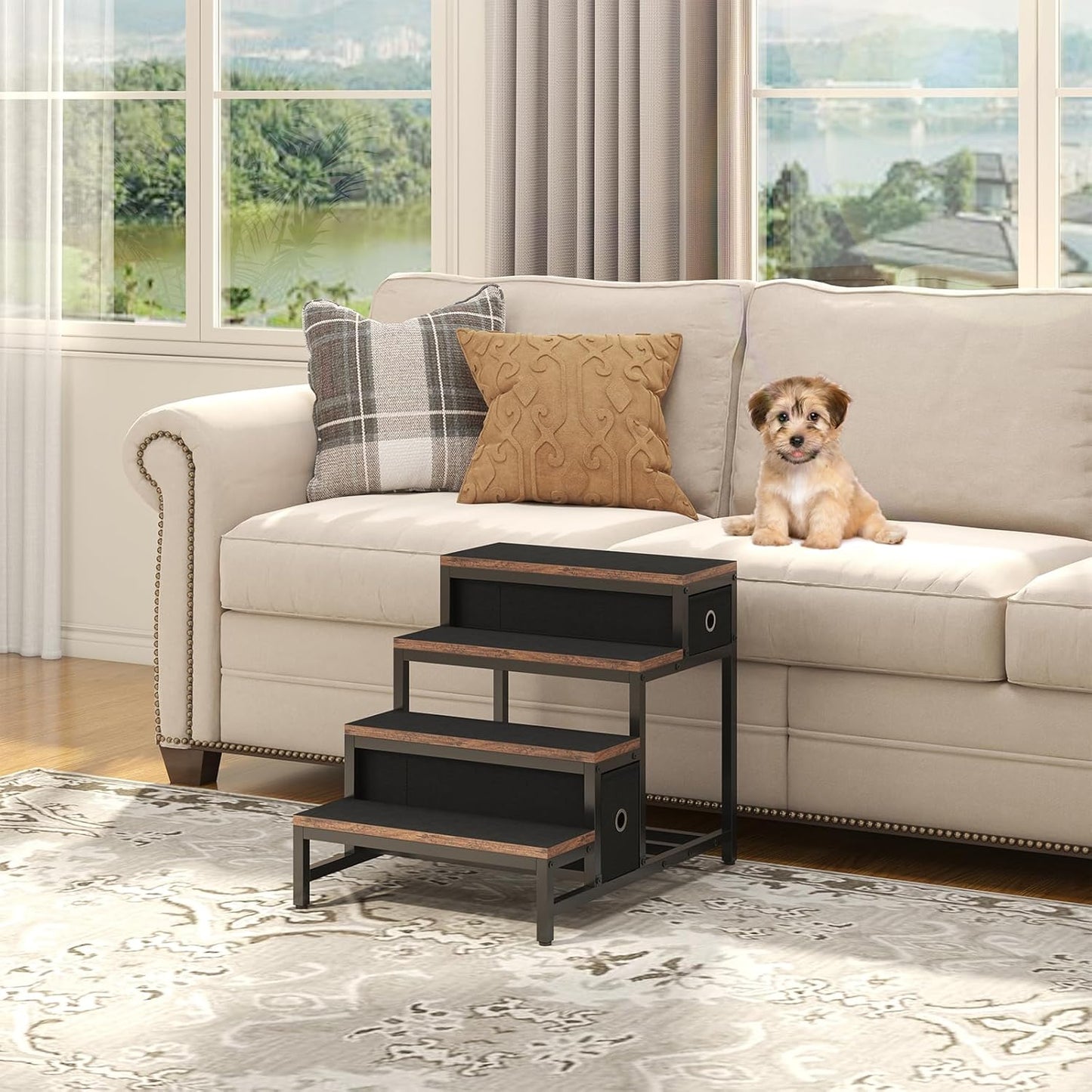 Pet Bunk Bed with Stairs and Storage, Dogs/Cats Window Perch, Bedside Lounge Elevated Dog Bed Multi-Level Platform with Foam Upholstery