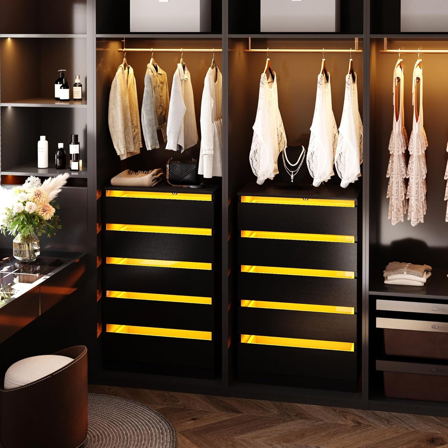 5 Drawer Tall Dresser with Power Outlets & LED Lights, Black Dresser with Embedded Handle, Modern Wood Dresser for Bedroom, Living Room, Hallway