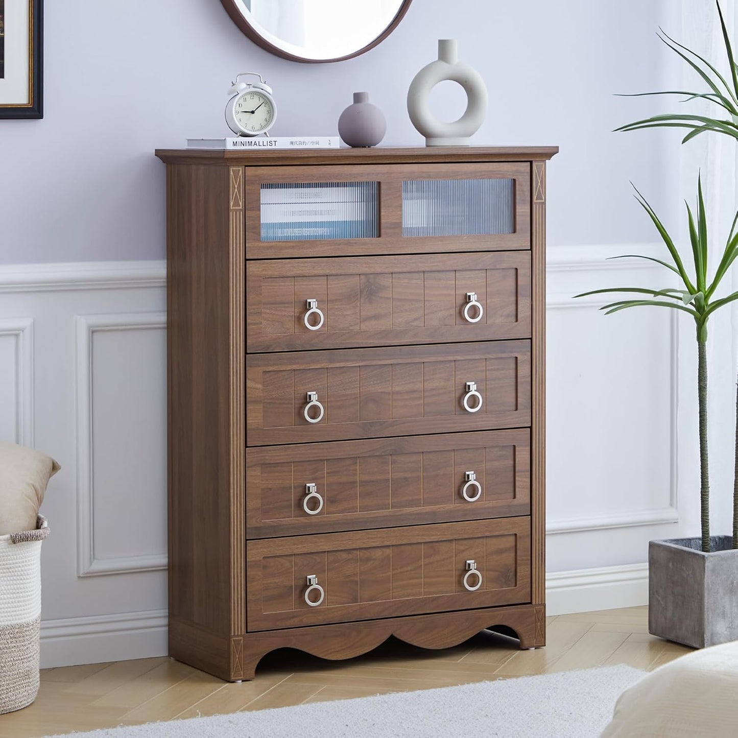 Vintage Style Wooden Chest of Drawers Storage Cabinet with Metal Ring Handles