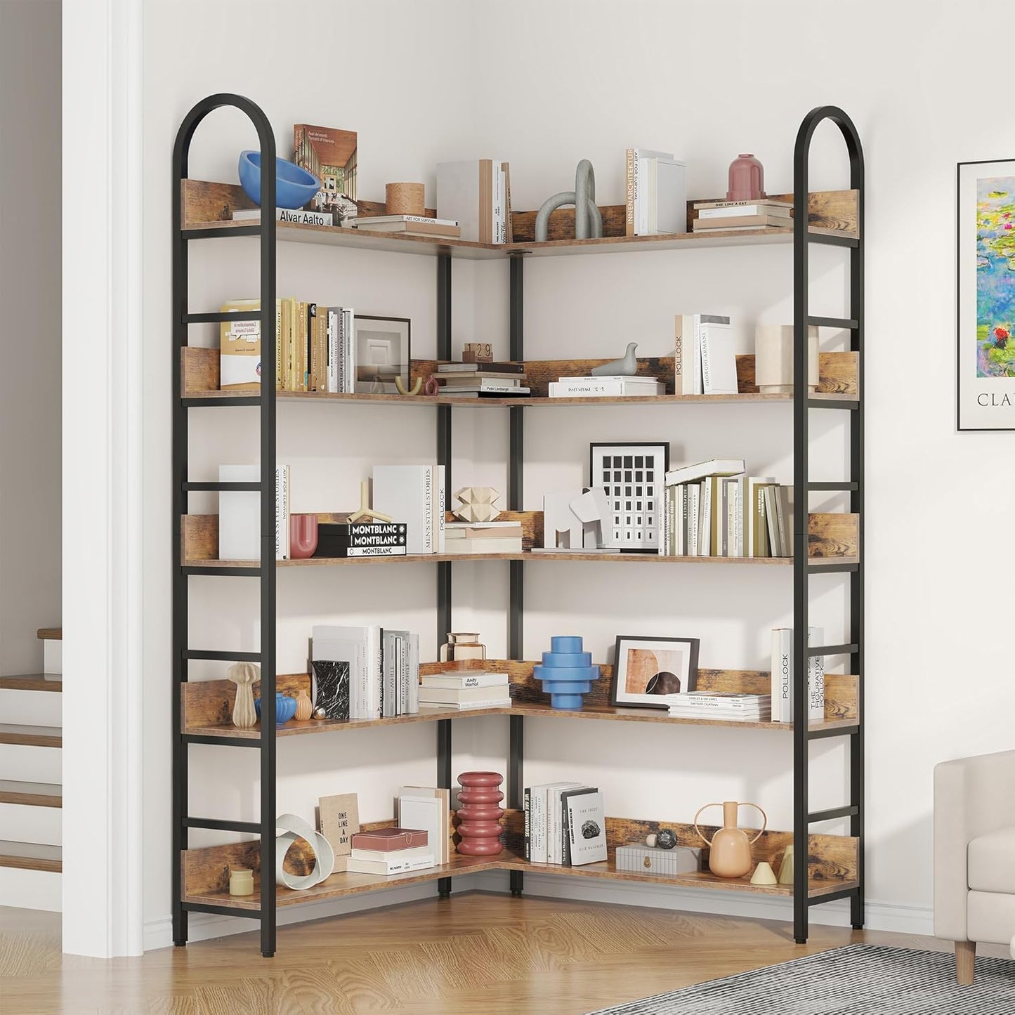 L Shaped Corner Bookcase and Bookshelves, 5-Tier Tall Open Shelf Etagere Bookcase, Wood and Metal Large Library Industrial Bookcases Display Rack for Living Room Home Office,Black+Brown