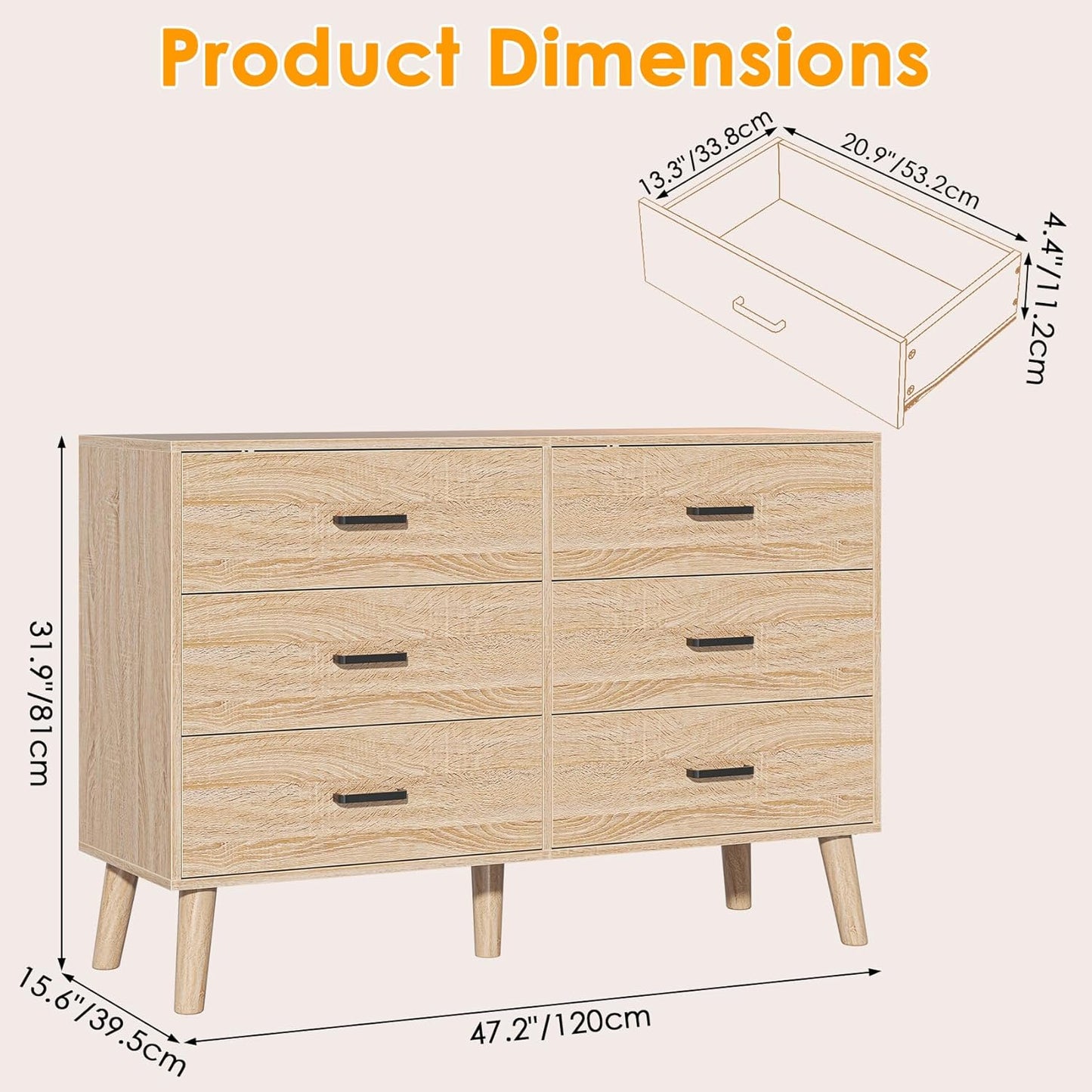 Wood Dresser for Bedroom, 6 Drawer Dresser with Metal Handles, Mid Century Modern Dresser Double Chest of Drawer (Light Oak)