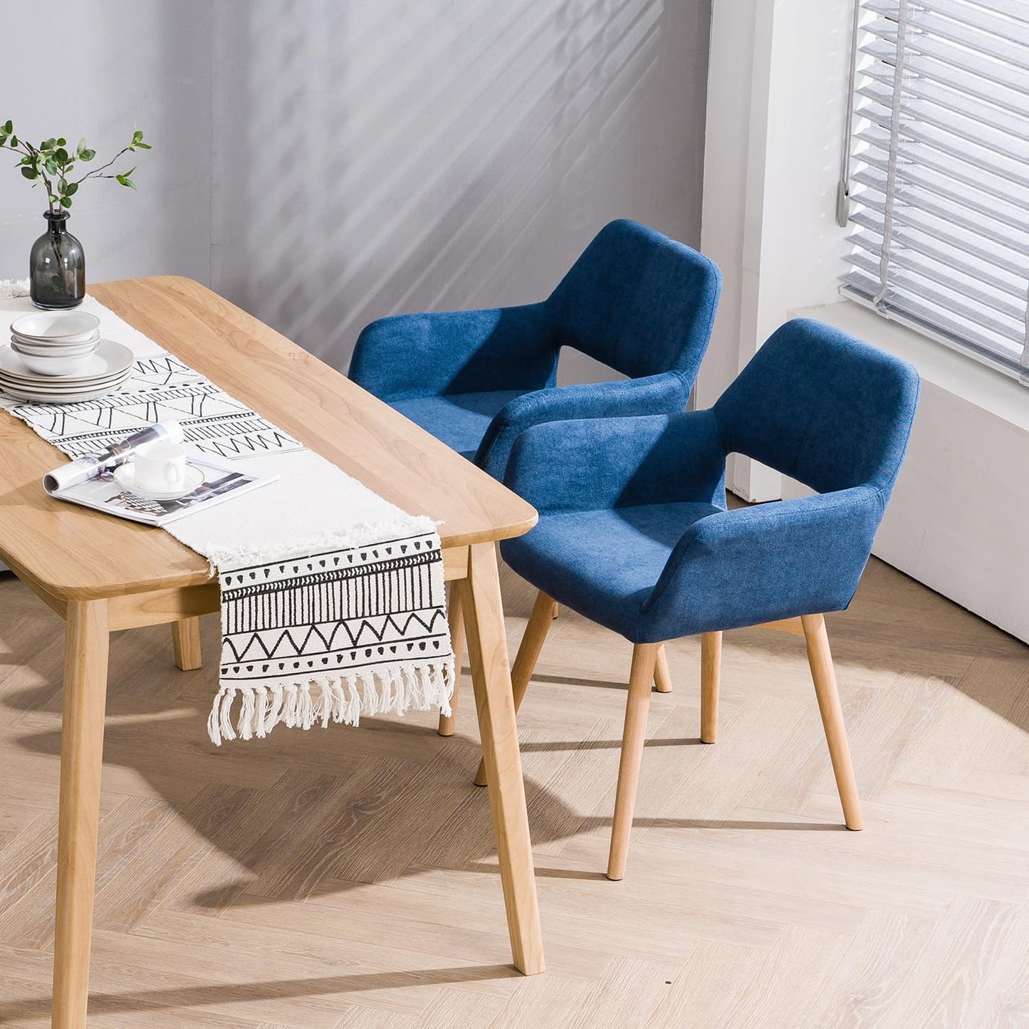 Mid Century Modern Dining Chairs Set of 2 & 4 & 6 Comfy Accent Chair Upholstered Kitchen Dining Living Room Chairs for Bedrooms Waiting Room Home Arm Desk Chair No Wheels (Blue, 2)