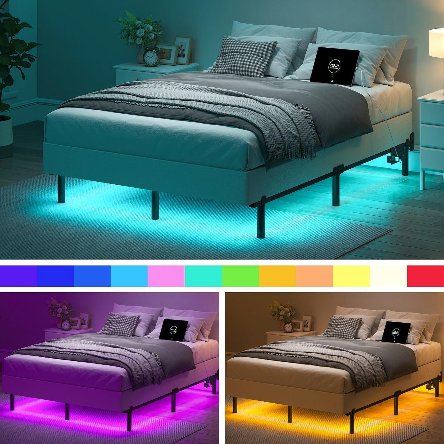 Queen Bed Frame for Box Spring, 7 Inch Metal Bed Frame with LED Lights, 9-Legs Support Bed Base, Tool-Free Easy Assembly