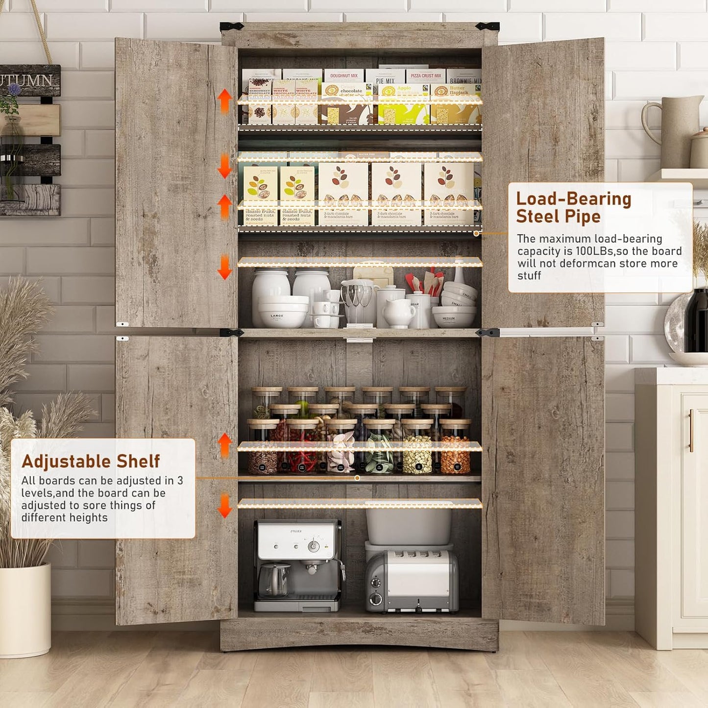 71" Tall Kitchen Pantry,Farmhouse Storage Cabinet with Adjustable Shelves,Load-Bearing Steel Pipe,Farmhouse Pantry Cabinet with 4 Barn Doors,for Kitchen,Dining Room,Living Room(Light Rustic Oak)