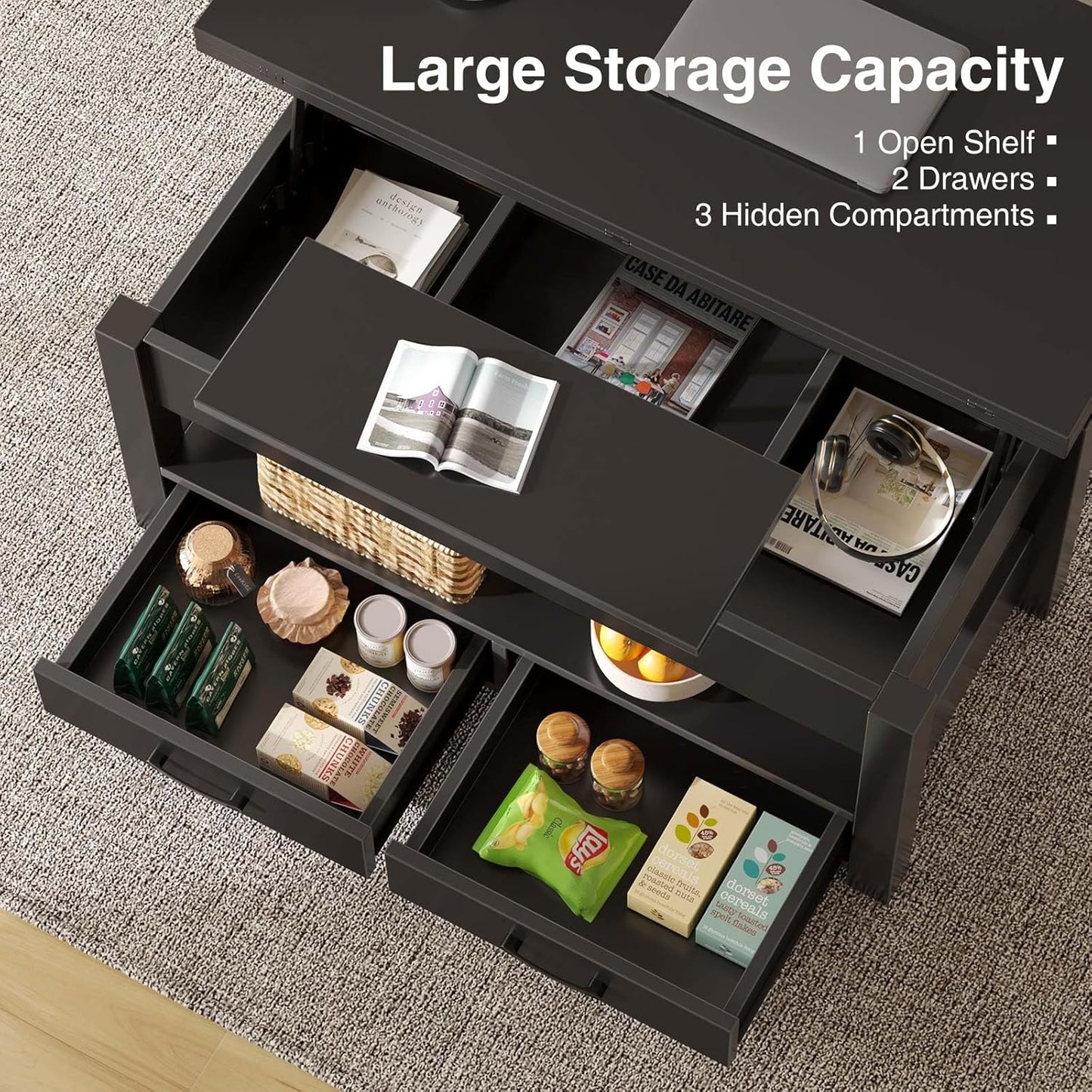 Coffee Table Lift Top, Multi-Function Convertible Coffee Table with Drawers and Hidden Compartment, Converts to Dining Table for Living Room, Home Office,Black