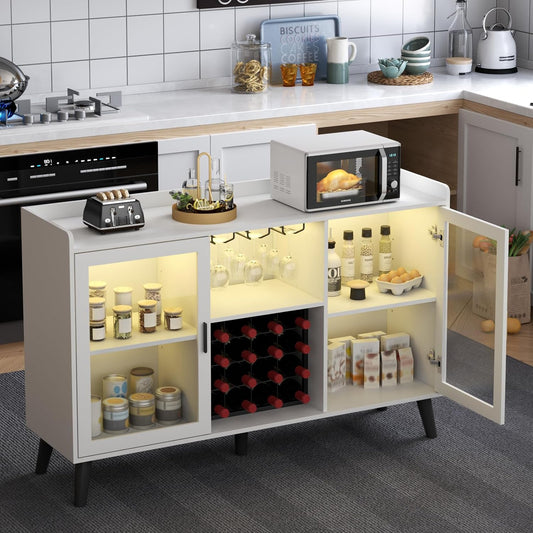 Wine Bar Cabinet with LED Light, Home Coffee Cabinet with Wine Rack and Glass Holder, Kitchen Buffet Sideboard W Storage Shelf, Freestanding Liquor Cabinet for Living Room, Dining Room (White)