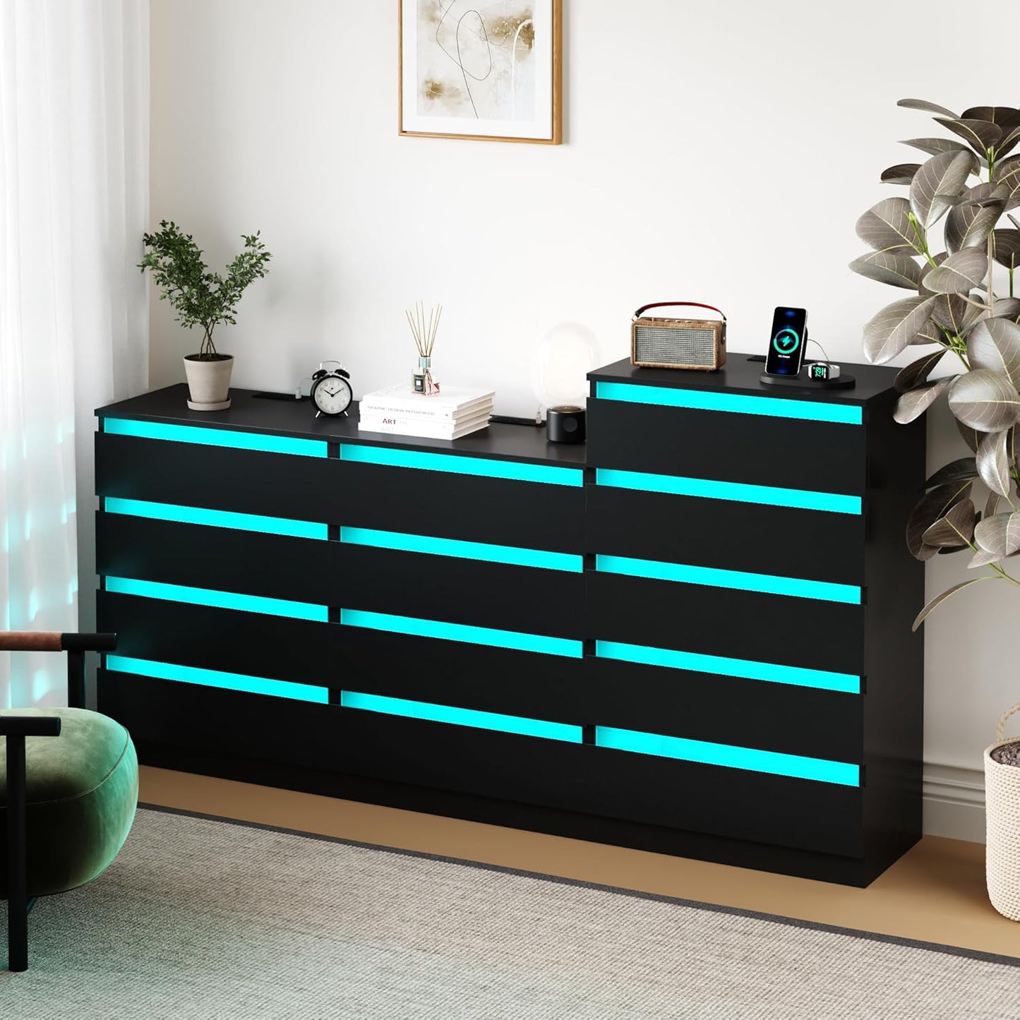 5 Drawer Tall Dresser with Power Outlets & LED Lights, Black Dresser with Embedded Handle, Modern Wood Dresser for Bedroom, Living Room, Hallway
