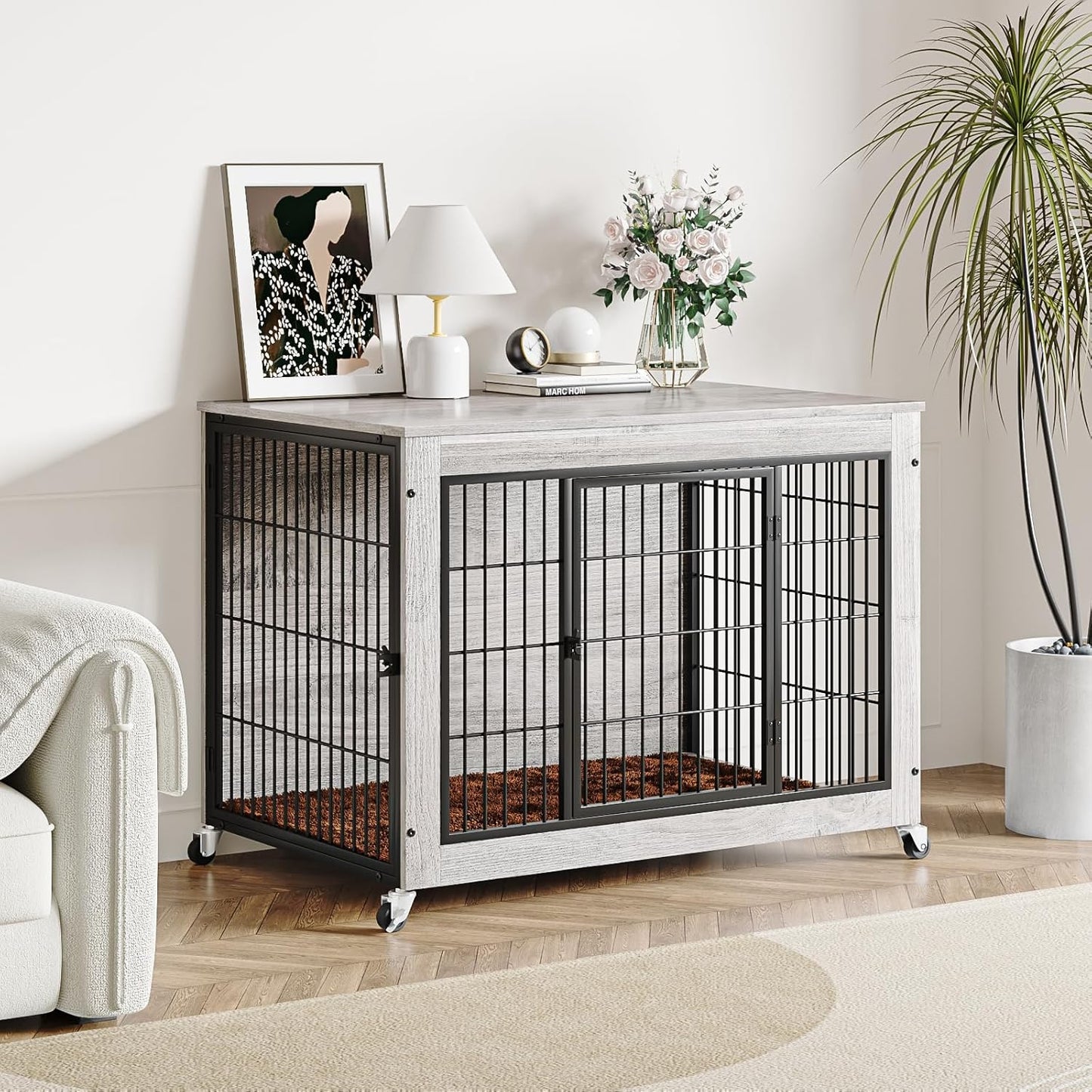 32 Inch Dog Crate Furniture with Cushion, Double Doors Wooden Dog Kennel Cage Indoor with Wheels, Pet House Decorative Side End Table for Small Medium Dogs, Gray