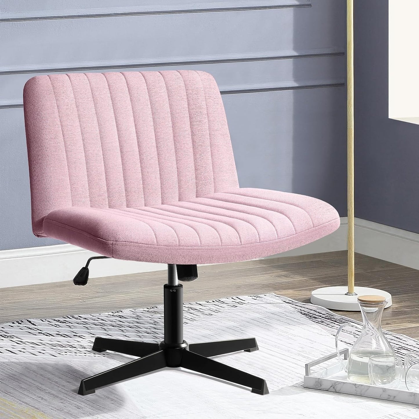 Criss Cross Chair Armless Cross Legged Office Desk Chair No Wheels Fabric Padded Modern Swivel Height Adjustable Mid Back Wide Seat Computer Task Vanity Chair for Home Office