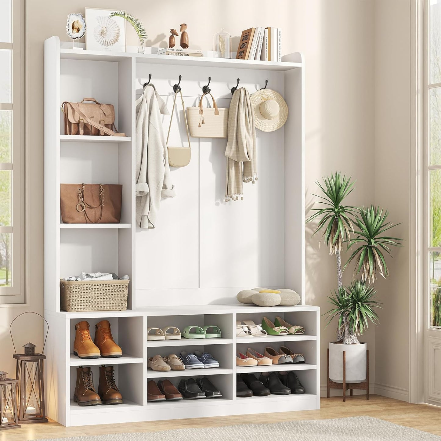 Hall Tree with Bench and Shoe Rack, 5-in-1 Entryway Bench, Coat Rack with 8 Shoe Cubbies & 5 Coat Hooks, Adjustable Shelf, Top and Side Storage, White