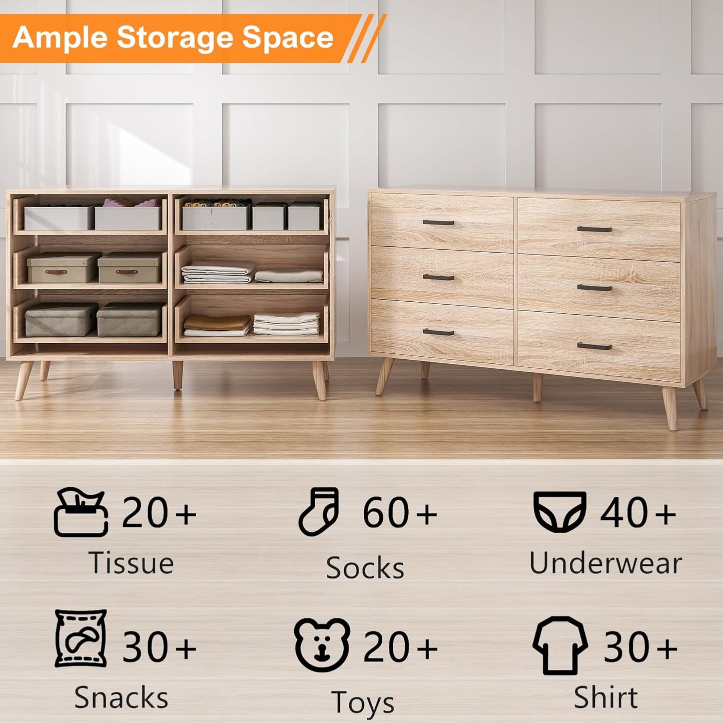 Wood Dresser for Bedroom, 6 Drawer Dresser with Metal Handles, Mid Century Modern Dresser Double Chest of Drawer (Light Oak)