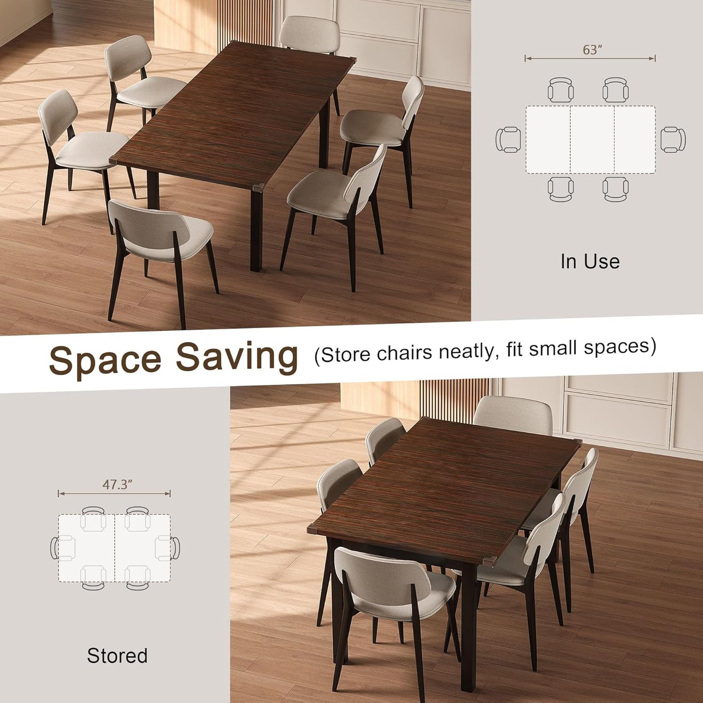 Extendable Dining Table for 4-6, 63" Modern Kitchen Table, Farmhouse Dining Room Tables for Dining, Kitchen, Office, Living Room, Rectangular Wooden Tables, Space Saving (Espresso)