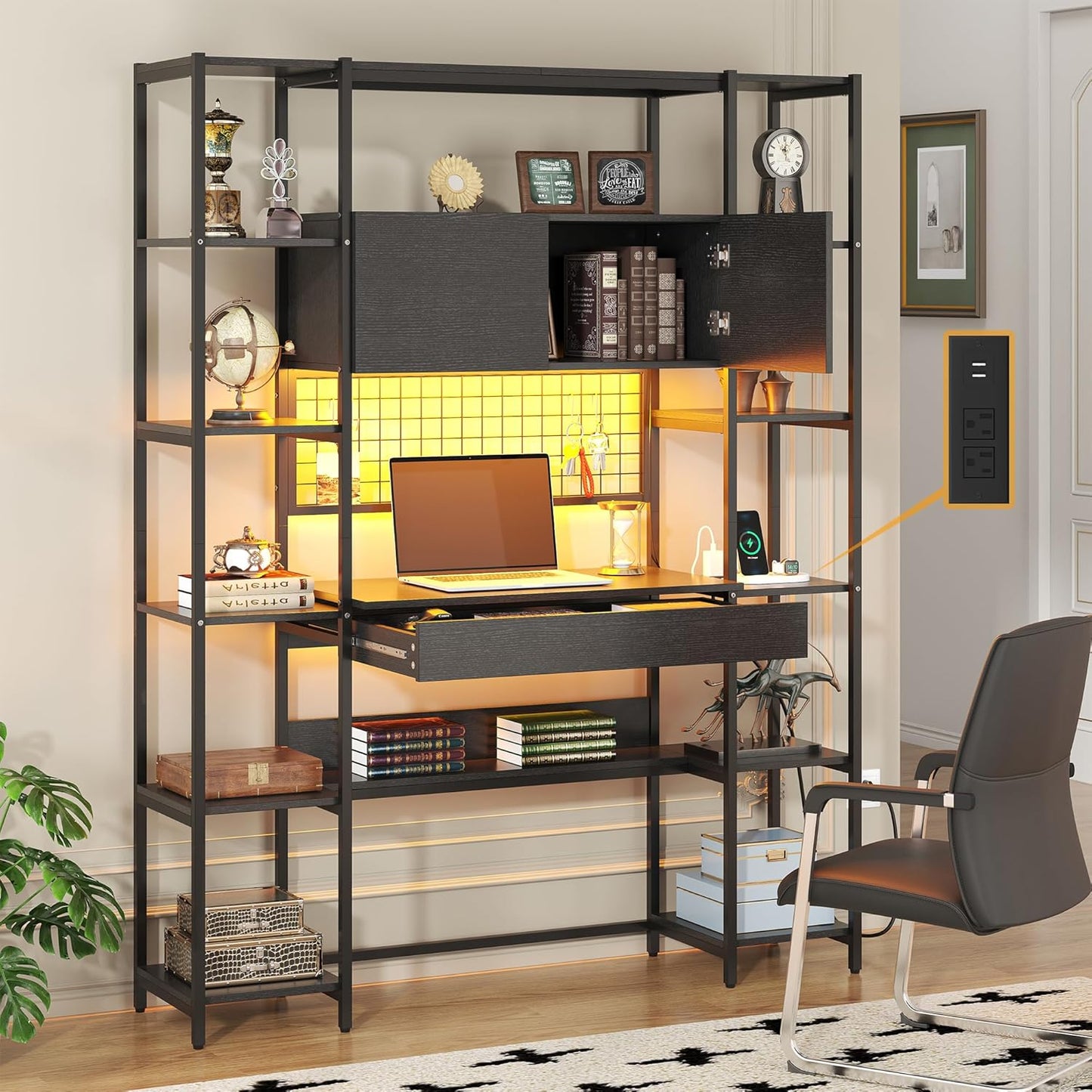 5 Tiers Black Bookshelf with Home Office Desk and RGB Lights and Power Outlet, 71.1" Tall Book Shelf with Drawer & Storage Cabinet & 12 Storage Shelves, Large Bookcase with 2 Doors, Black