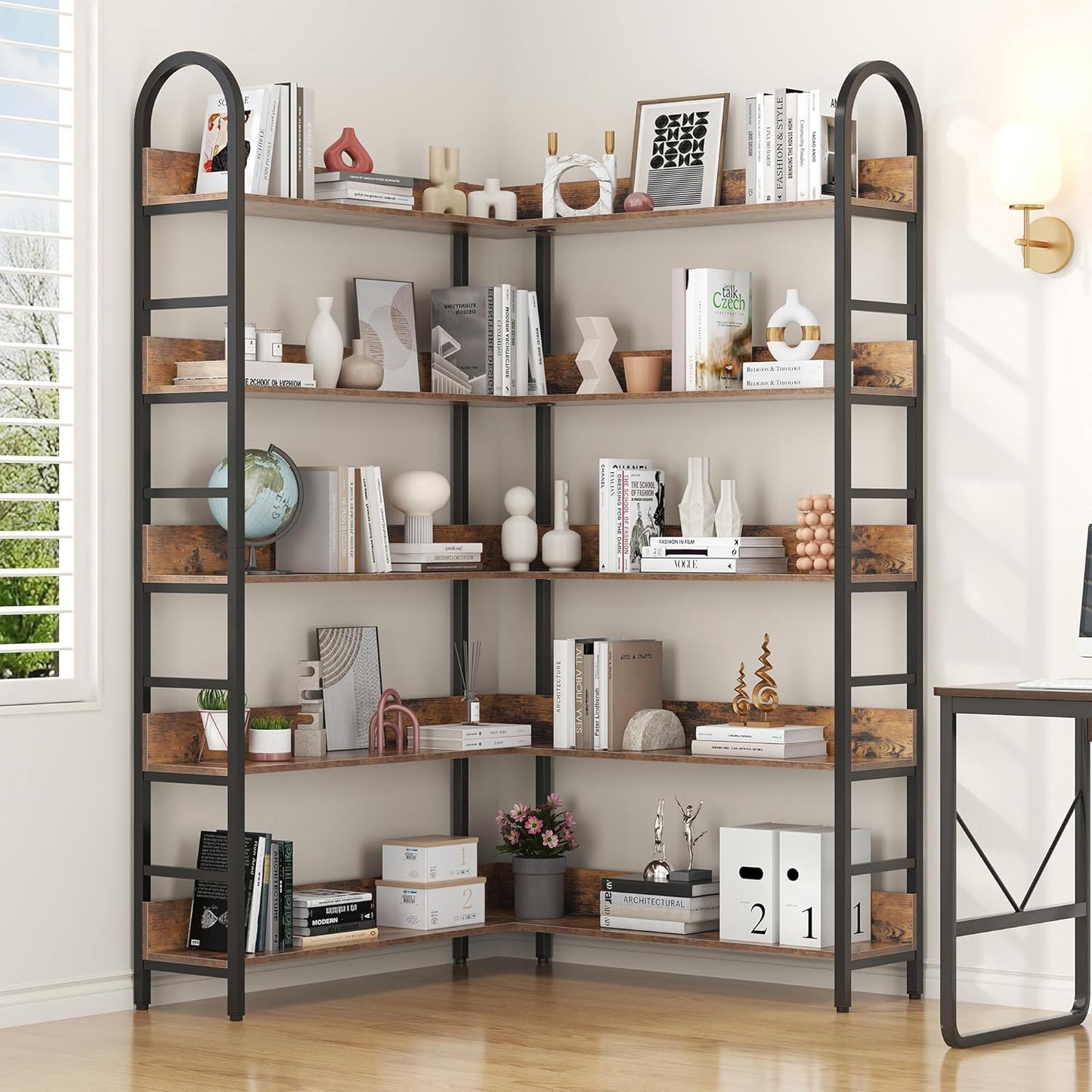 L Shaped Corner Bookcase and Bookshelves, 5-Tier Tall Open Shelf Etagere Bookcase, Wood and Metal Large Library Industrial Bookcases Display Rack for Living Room Home Office,Black+Brown