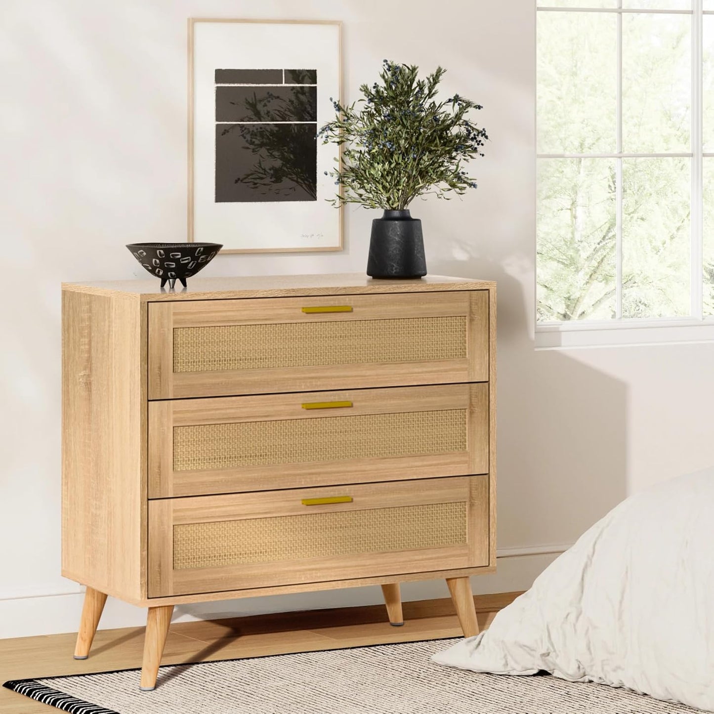 3 Drawer Dresser for Bedroom, Rattan Chest of Dressers, Boho Rattan Dresser Modern Wood Chest of Drawers with Golden Handles, Beside Table for Entryway, Living Room, Hallway, Bedroom (3 Drawers)