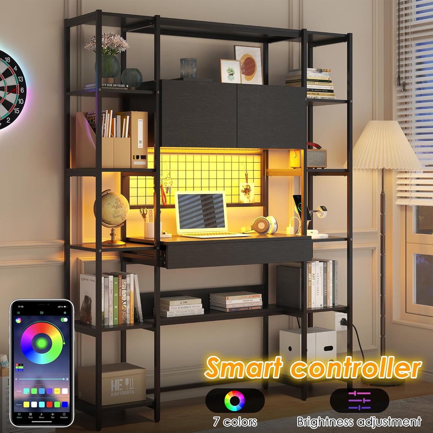 5 Tiers Black Bookshelf with Home Office Desk and RGB Lights and Power Outlet, 71.1" Tall Book Shelf with Drawer & Storage Cabinet & 12 Storage Shelves, Large Bookcase with 2 Doors, Black