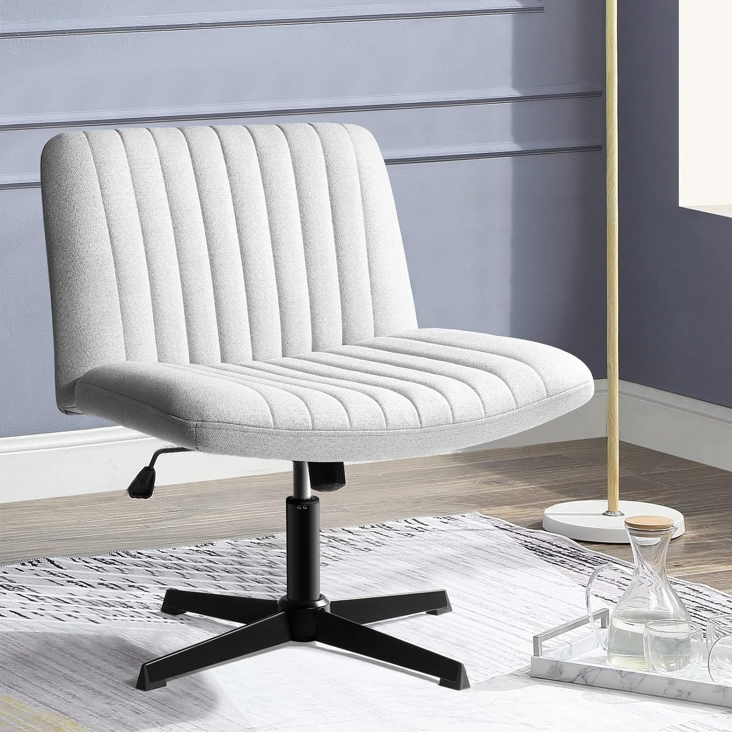 Criss Cross Chair Armless Cross Legged Office Desk Chair No Wheels Fabric Padded Modern Swivel Height Adjustable Mid Back Wide Seat Computer Task Vanity Chair for Home Office