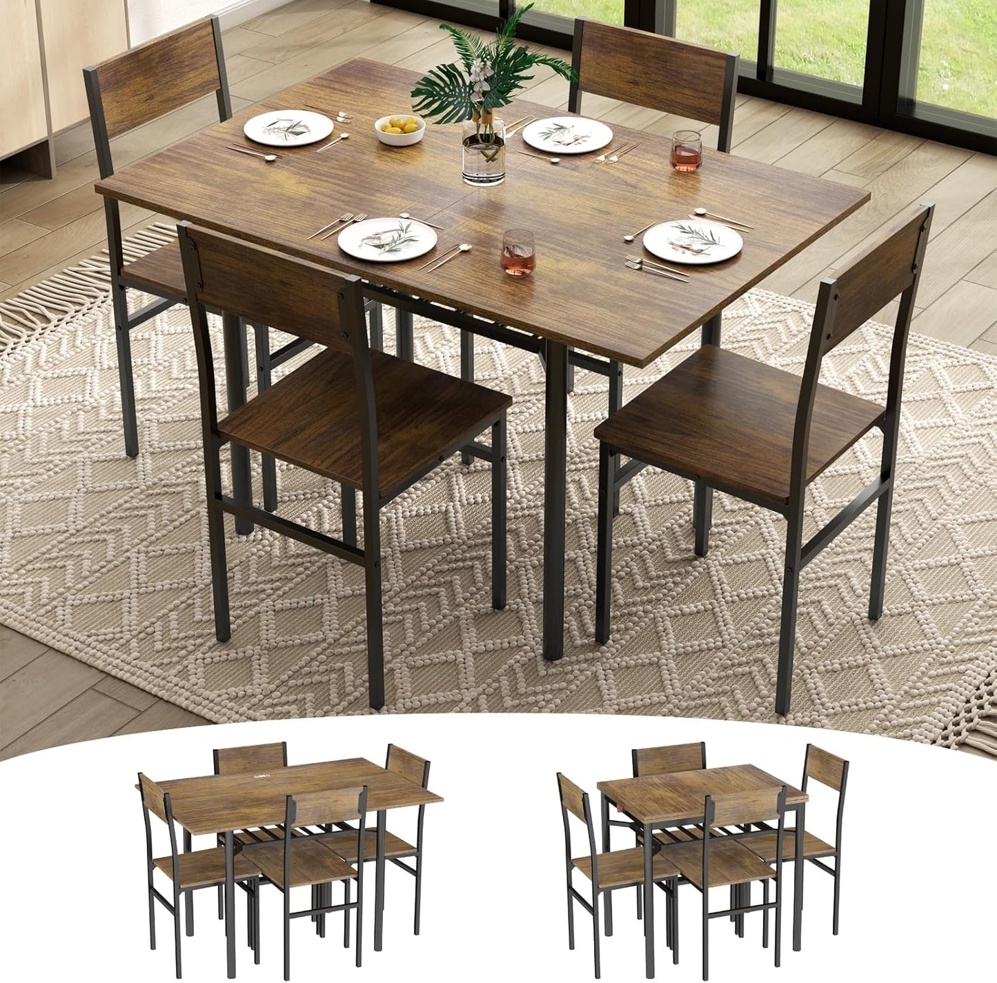 Dining Table Set for 2-6,Folding Dining Table with Storage Rack,5-Piece Extendable Kitchen Table Set with Space-Saving,Dining Room Table Set with 4 Chairs for Dinner Kitchen Office Furniture (Brown)