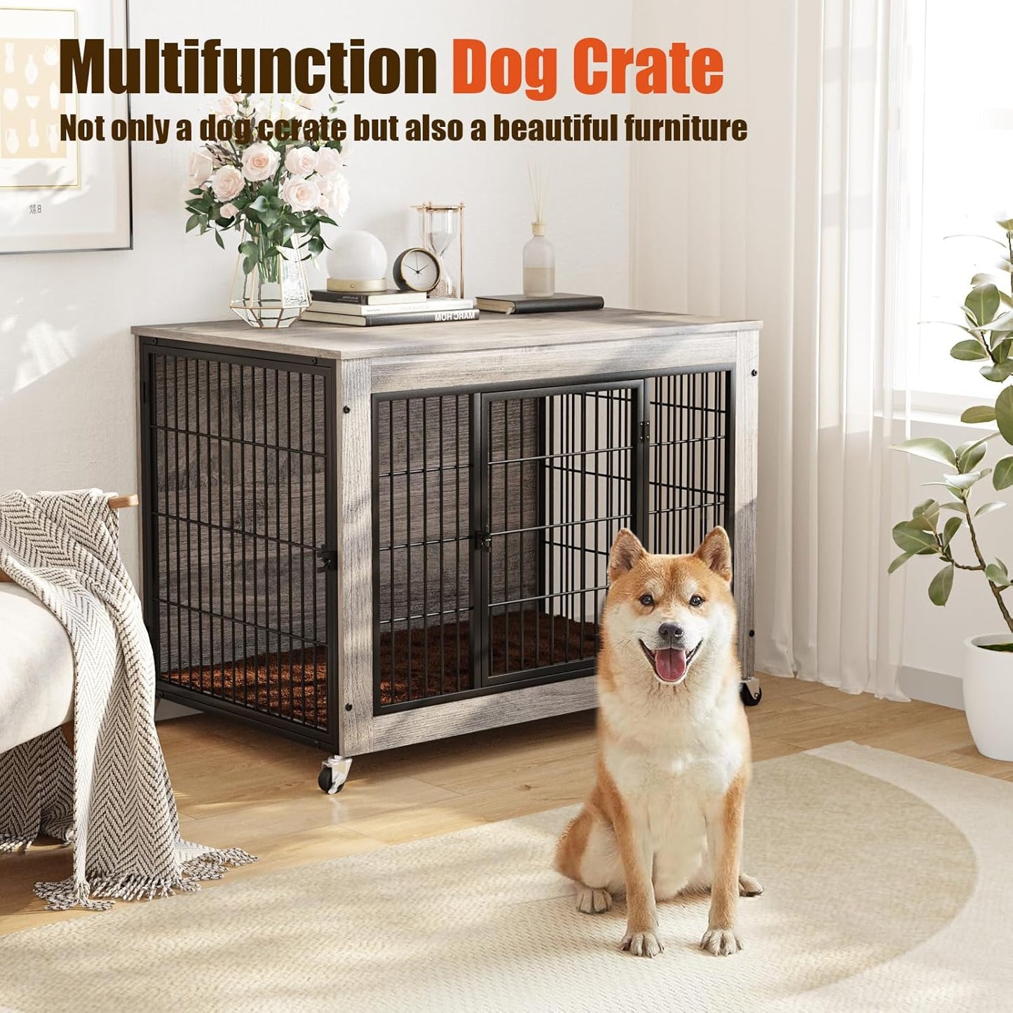 32 Inch Dog Crate Furniture with Cushion, Double Doors Wooden Dog Kennel Cage Indoor with Wheels, Pet House Decorative Side End Table for Small Medium Dogs, Gray