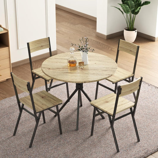 Round Dining Table Set for 4, 31.5" Small Round Kitchen Table with 4 Chairs, 5 Piece Dining Room Table Set with Steel Legs, Space-Saving Dinner Table, Coffee Table for Small Space